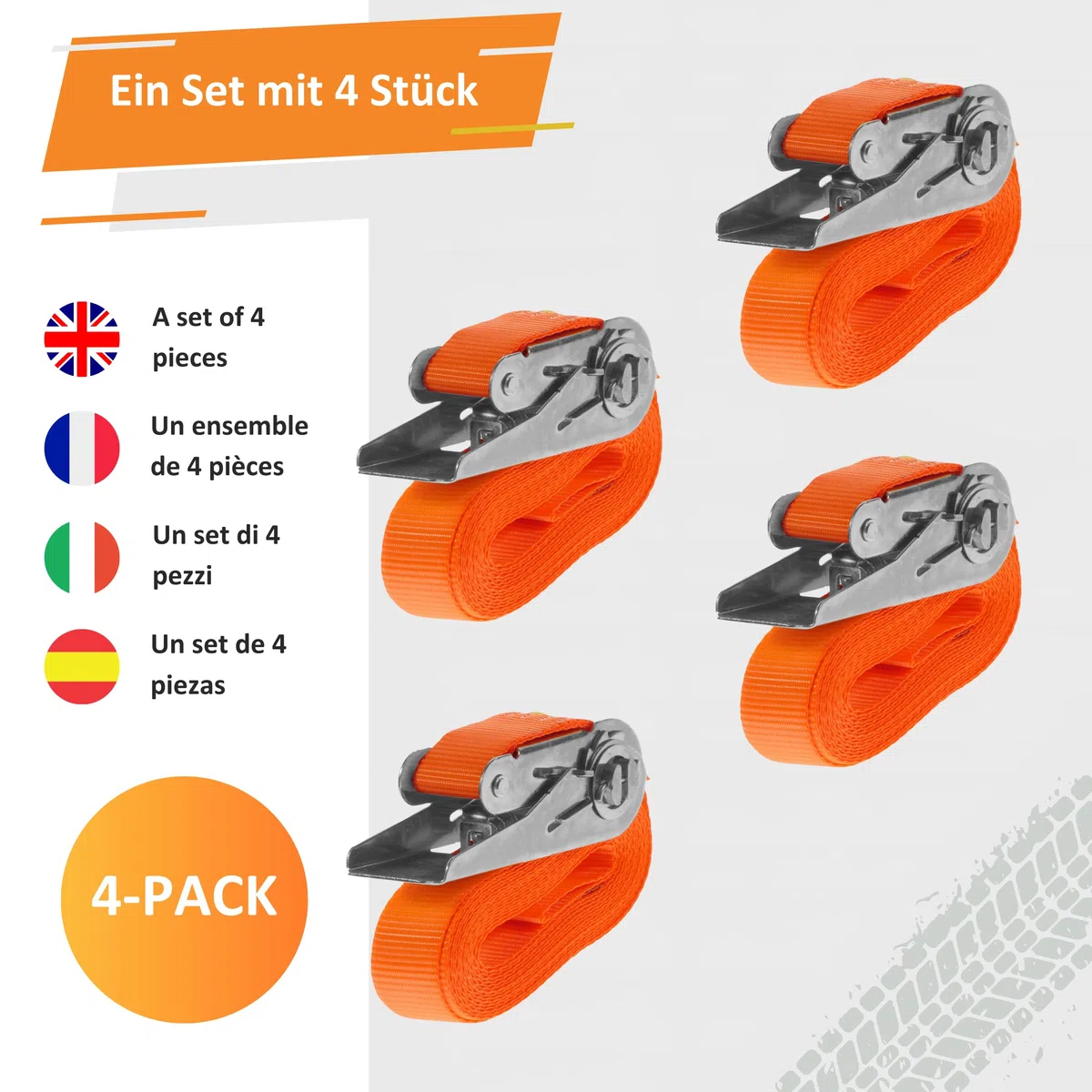 INTAKO Lot de 4 Sangles à Cliquet (4m ou 6m) - 25mm 800kg - Sangles d’Arrimage Moto, Remorque, Quad, Bagages - Certifiées TÜV GS, DIN en 12195-2 (Orange, 4m (Lot de 4))