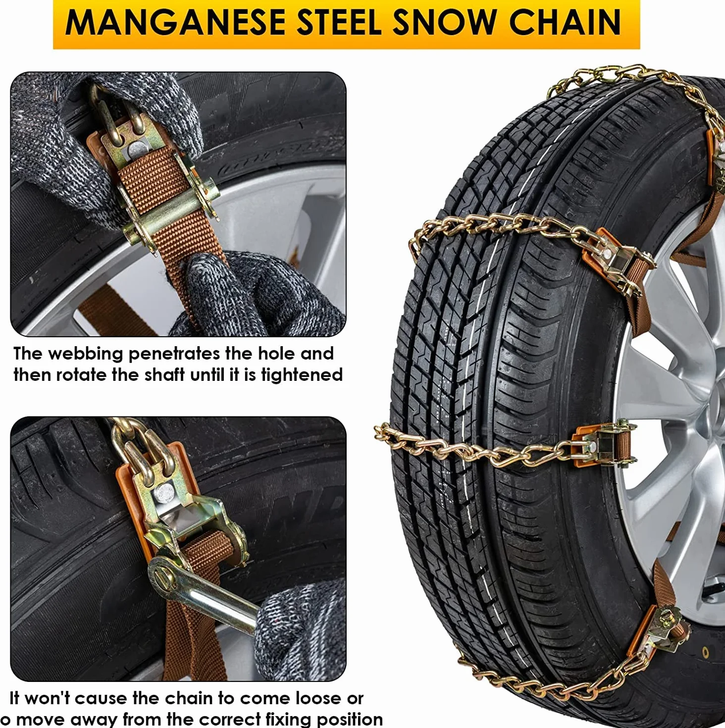 Chaînes à neige 8pcs Chaînes réglables antidérapantes avec pelle à neige en plastique et gants Facile à installer Chaîne à neige de pneu durable pour voiture, camion, SUV Roadway Snow Roads