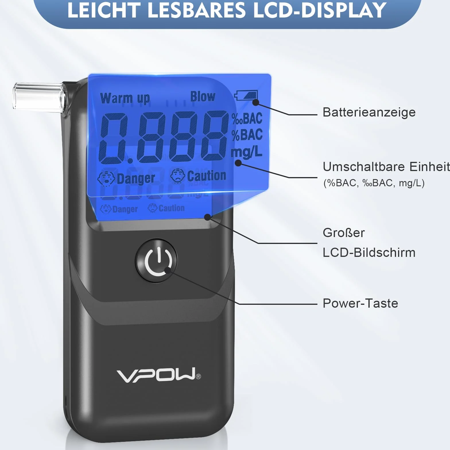 VPOW Ethylotest, Éthylotest Electronique avec Affichage Numérique LCD Bleu, Précision de Qualité, Alcootest Électronique Personnel pour Usage Domestique et Professionnel - Gris