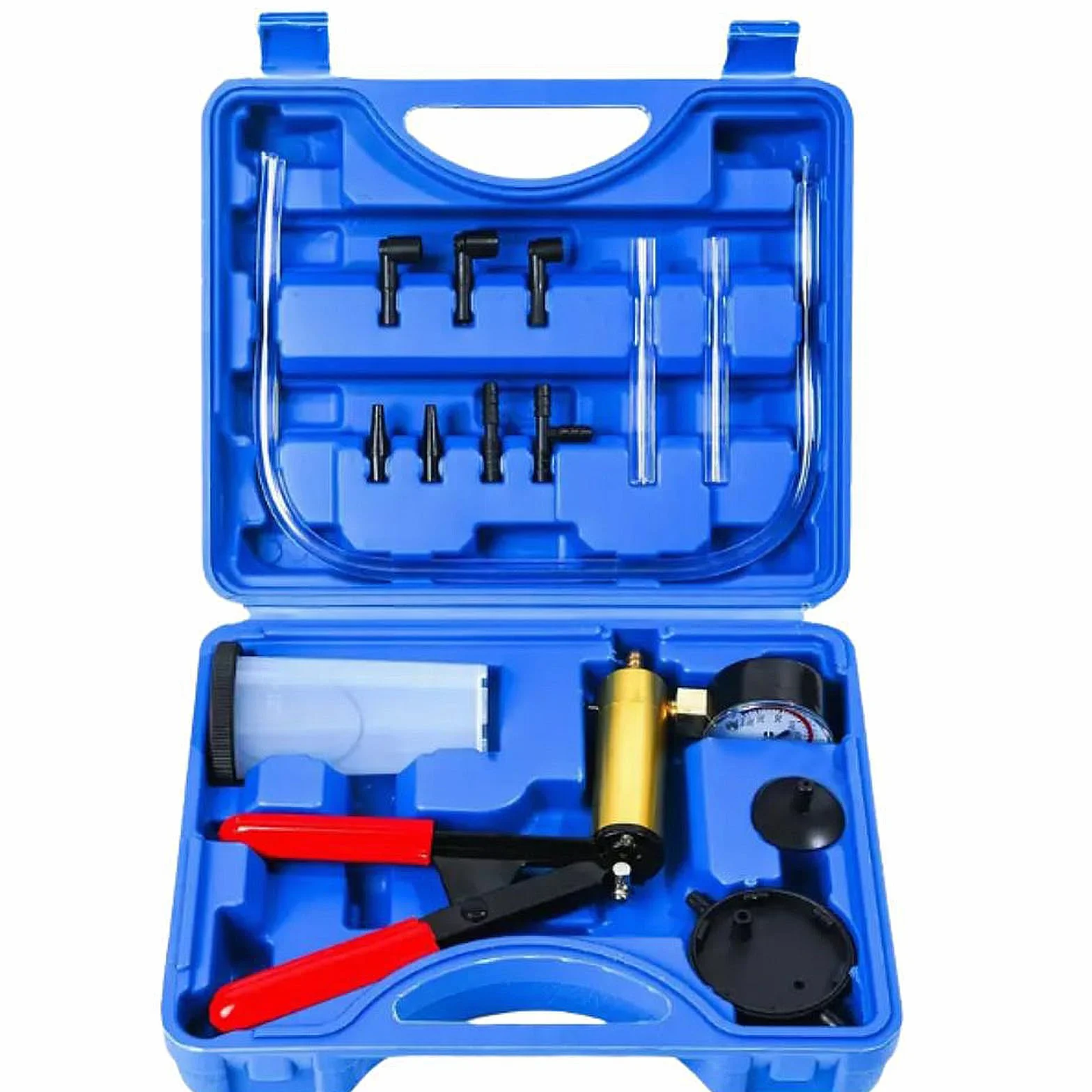 Vanwoke Pompe à Dépression Purge Purgeur Liquide de Frein Testeur à Vide Professionnel 2 en 1 Outil Kit Aspirateur Testeur pour Voiture Outil Manuelle Coffret Blue