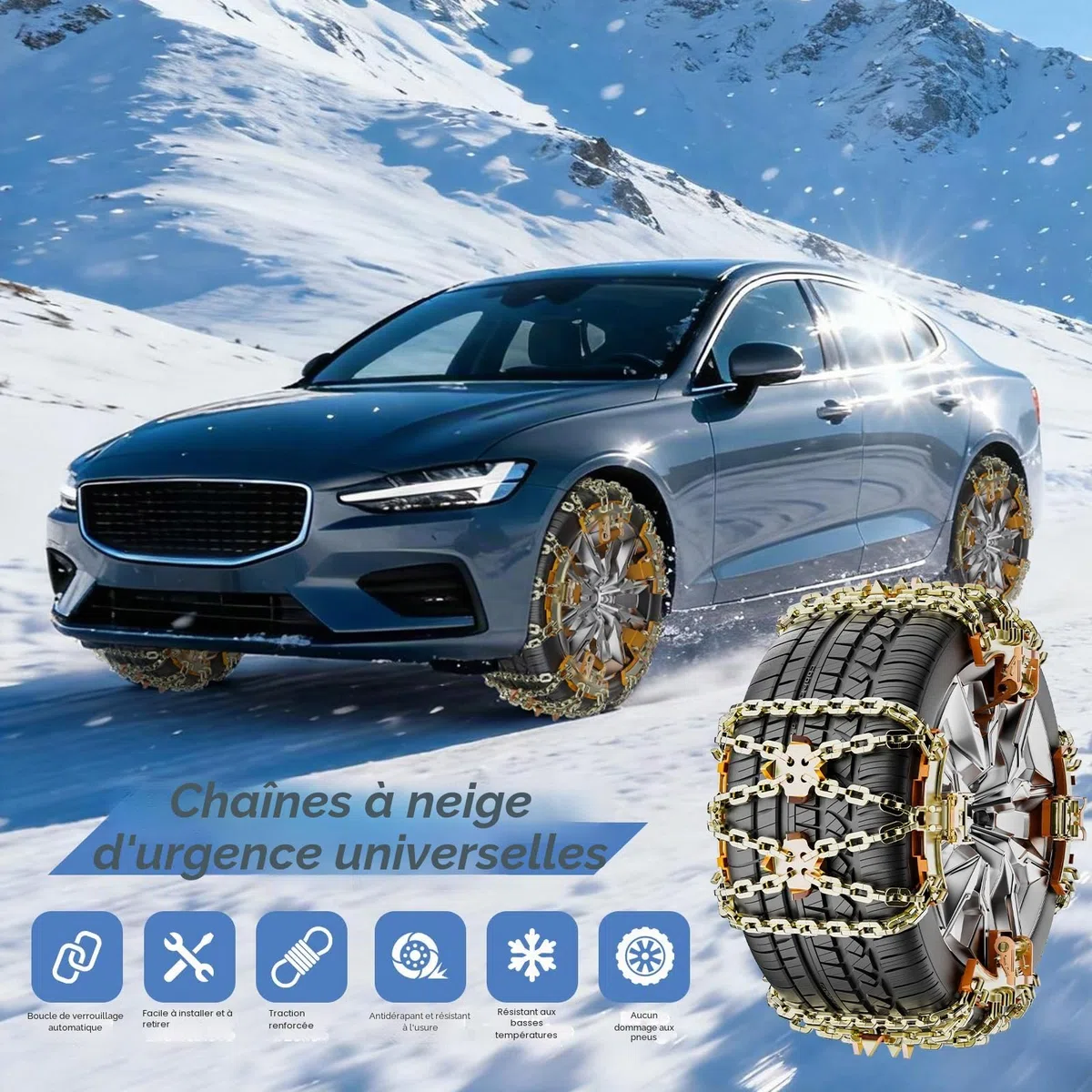 Chaînes à Neige Pour Auto GOHHME 4 Pièces Chaine Voiture Neige en Fer avec Gratte-Glace Pour Tous Types de Véhicules, Fermetures à Engrenages Automatiques 175mm-265mm