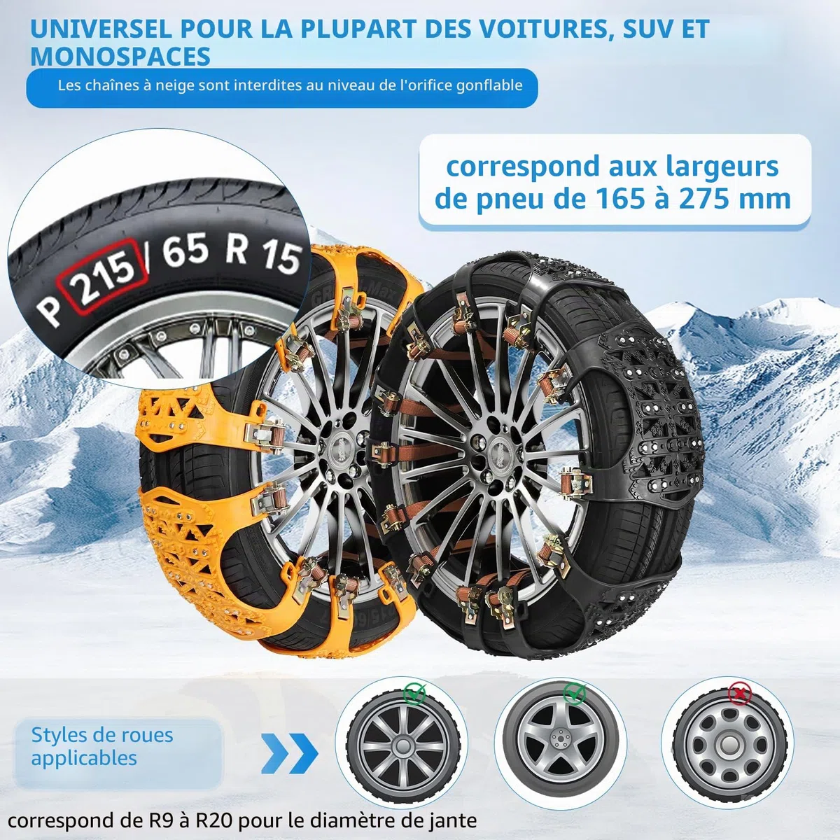 DBREAKS Chaînes à Neige, 6 pièces Chaine Neige, Chaine Voiture Neige Universelles, 165-275MM Chaînes à pneus pour Largeur, Chaînes de sécurité d'hiver Pour Pneus (Noir)