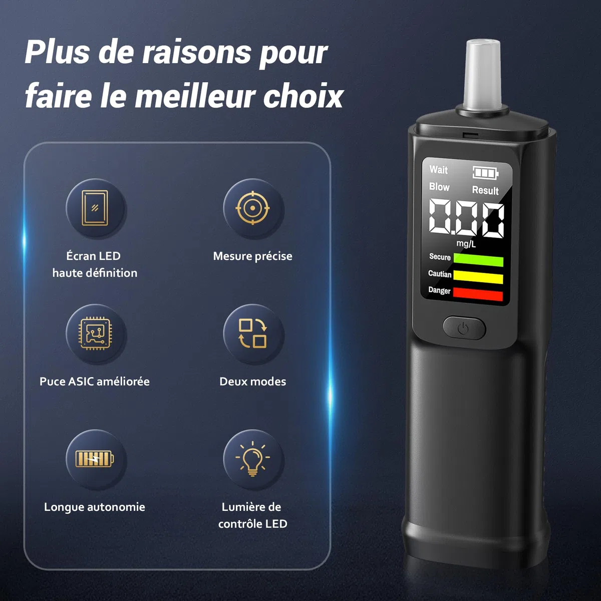 Éthylotest Électronique USB-C, Alcootest LCD | Test rapide, affichage BrAC mg/L, modes contact et sans contact, 10 embouts inclus, compact pour voiture et soirées.