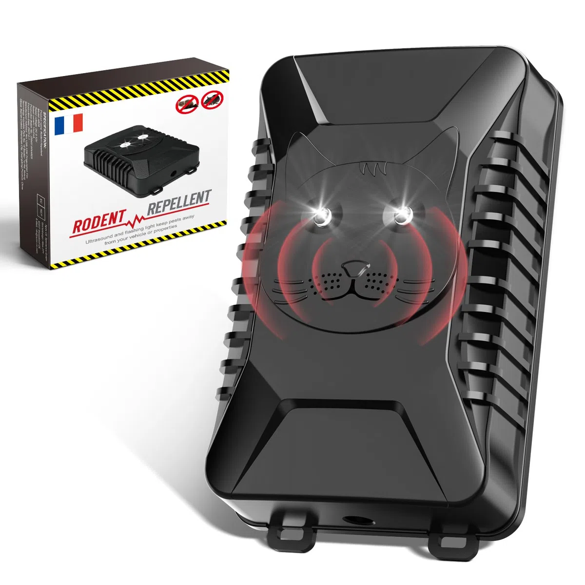 Anti Rongeur Voiture, Repulsif Martre pour Voiture, Répulsif Anti Fouines Ultrason, Ultrason Souris et Rats avec Flash LED, Connexion à la Batterie 12V de la Voiture, pour Voiture, Garage, Grenier