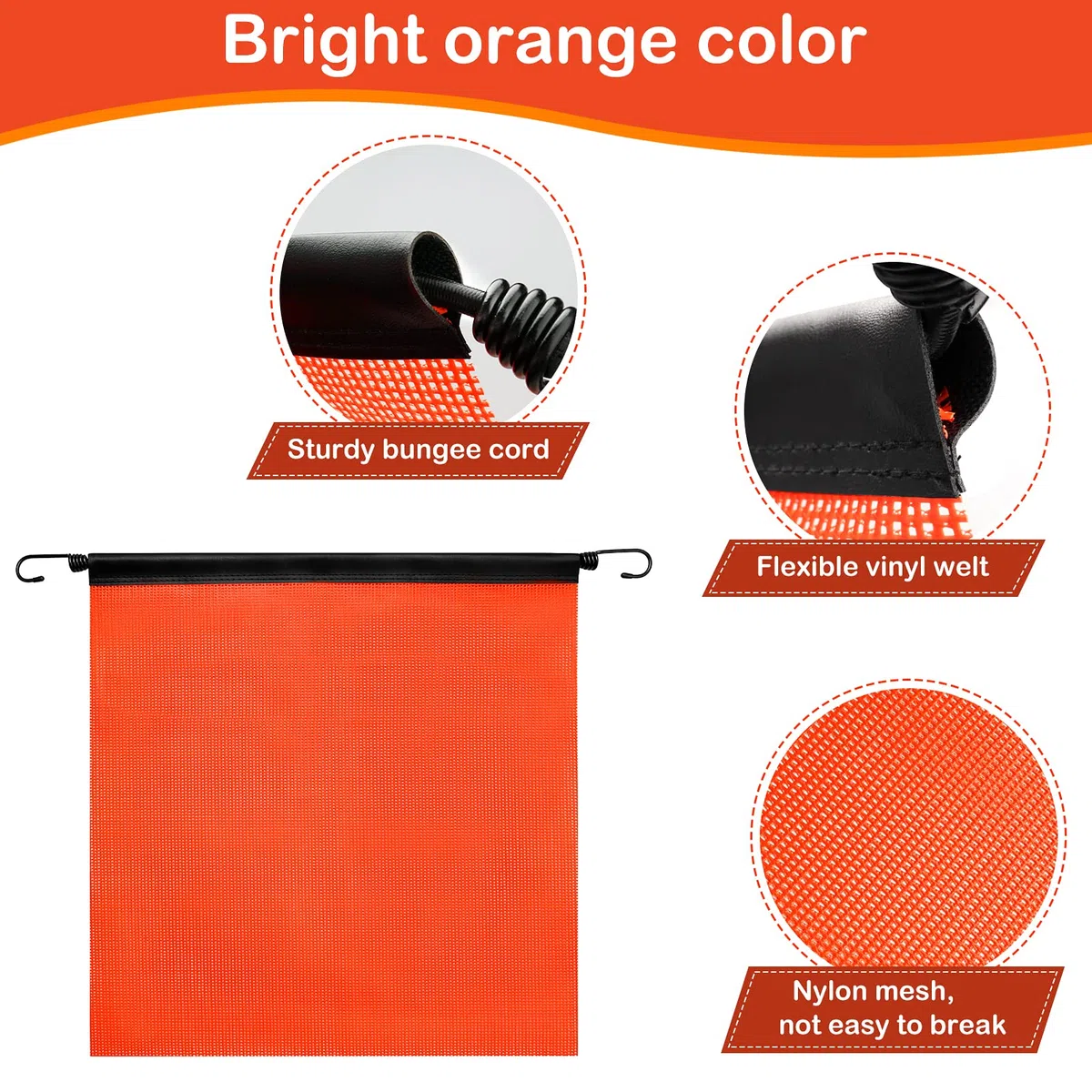 Lot de 6 drapeaux d'avertissement en maille orange vif, 45,7 x 45,7 cm, très résistants, surdimensionnés avec passepoil en vinyle, cordon élastique et crochet EZ pour remorque et voitures pilotes