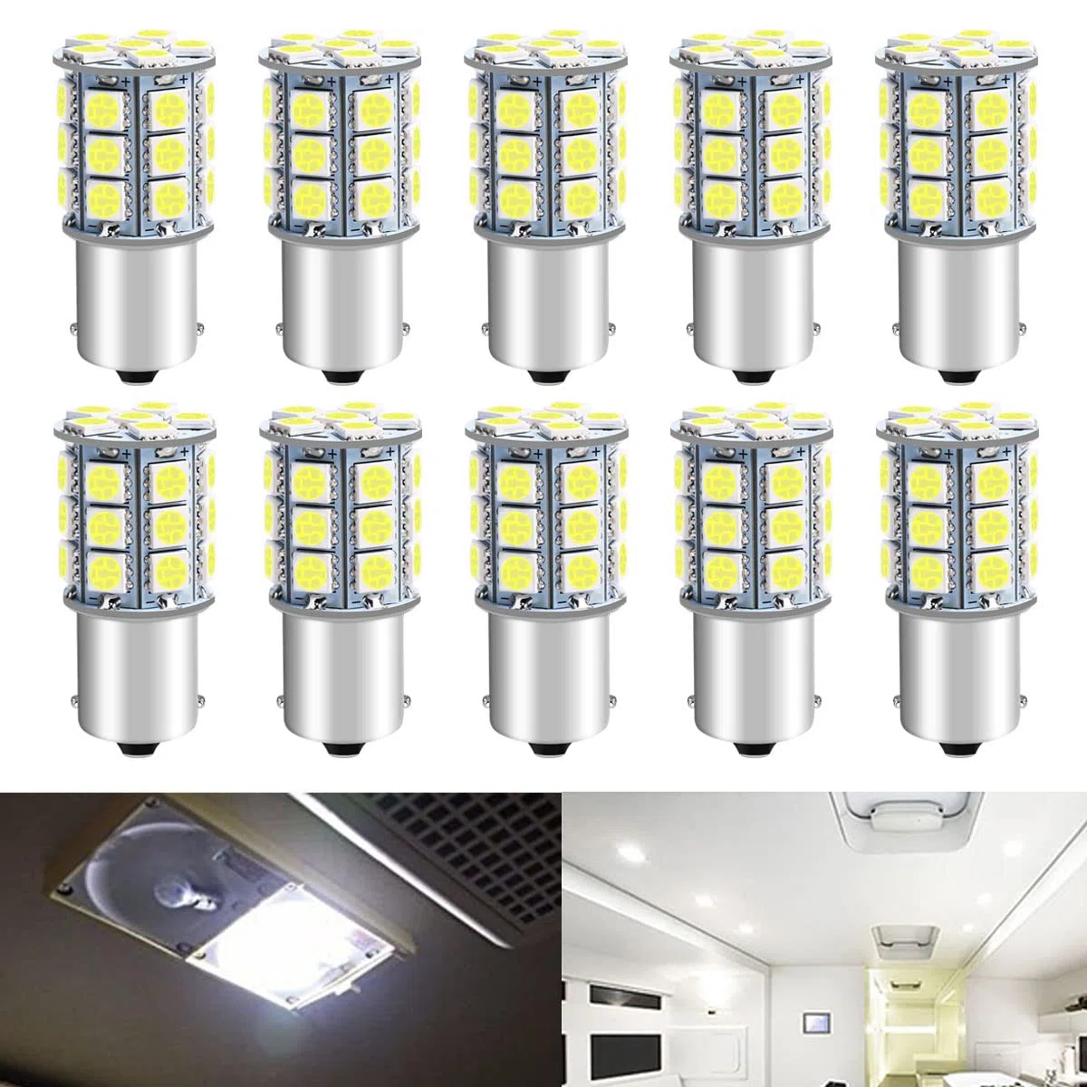 Defvnsy P21W 1156 BA15S Ampoules LED, 1141 7506 1003 Ampoule 12V Extrêmement Brillant 6000K Blanc, 27SMD 5050 Ampoules LED Voiture pour Fex de RV, Camping, Voiture, Caravane, Remorque (Lot de 10)