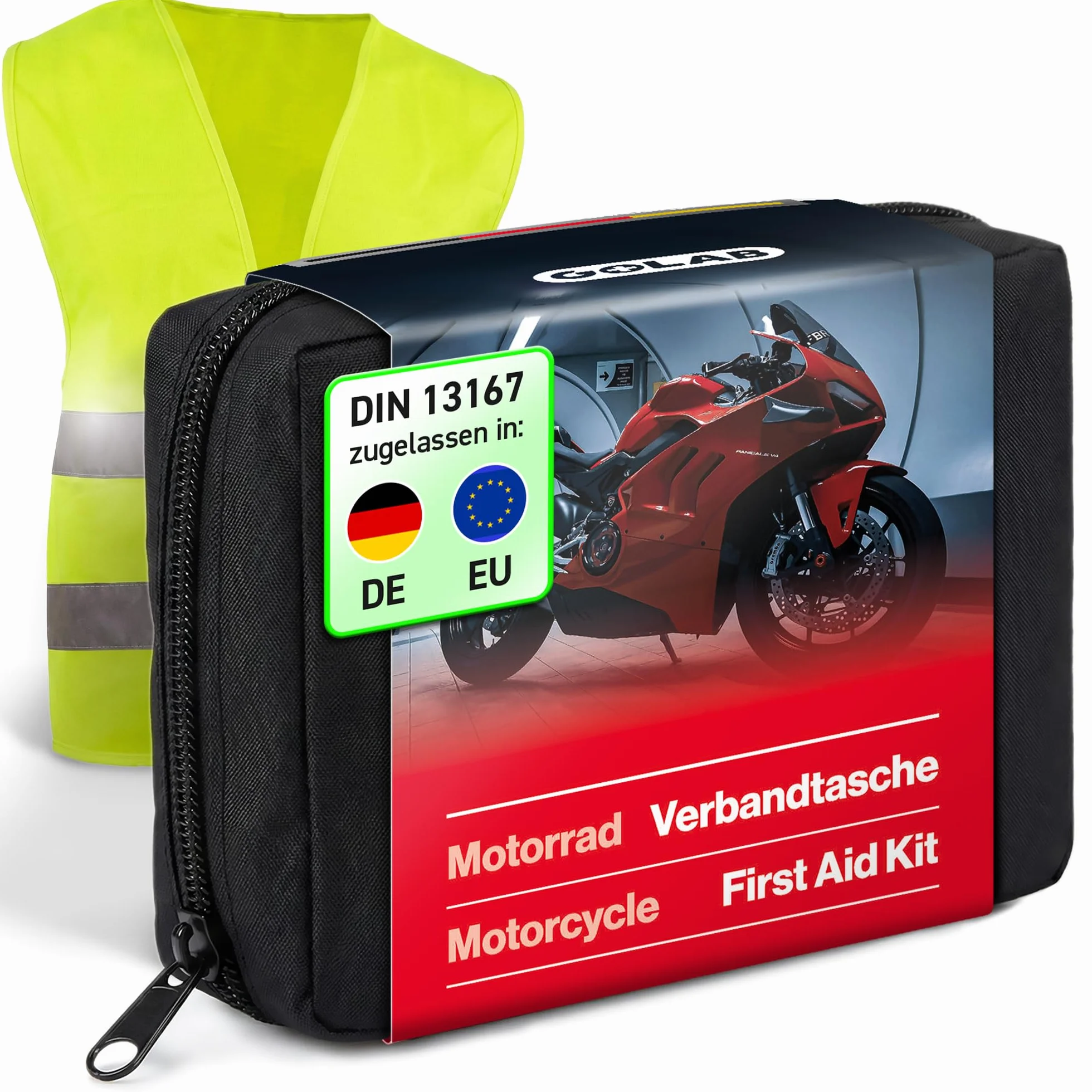 Trousse de Secours pour Moto GoLab - petite et compacte, kit de premiers soins pour motards conforme DIN 13167 avec gilet de sécurité adaptée à tous pays européens