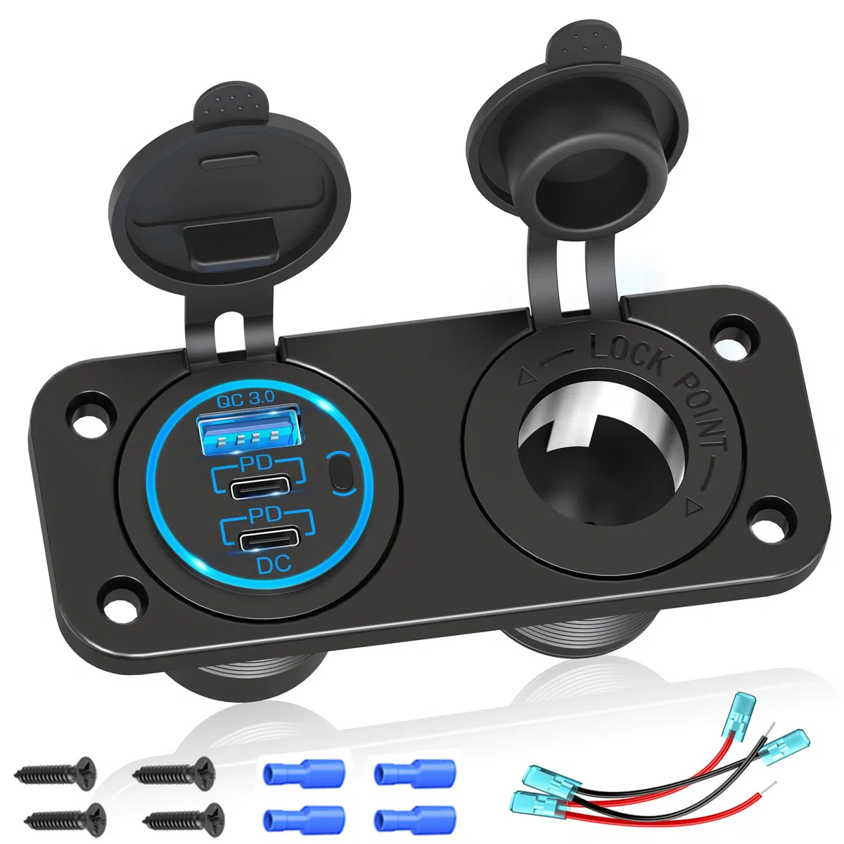 (3-USB) PD USB C Prise 12V Allume Cigare 300W: Qidoe Panneau Prise Chargeur de Voiture 12 Volt Adaptateur USB QC3.0 Allume Cigare Interrupteur Étanche pour Voiture, Bateaux, Bus, Camion, Camper, GPS