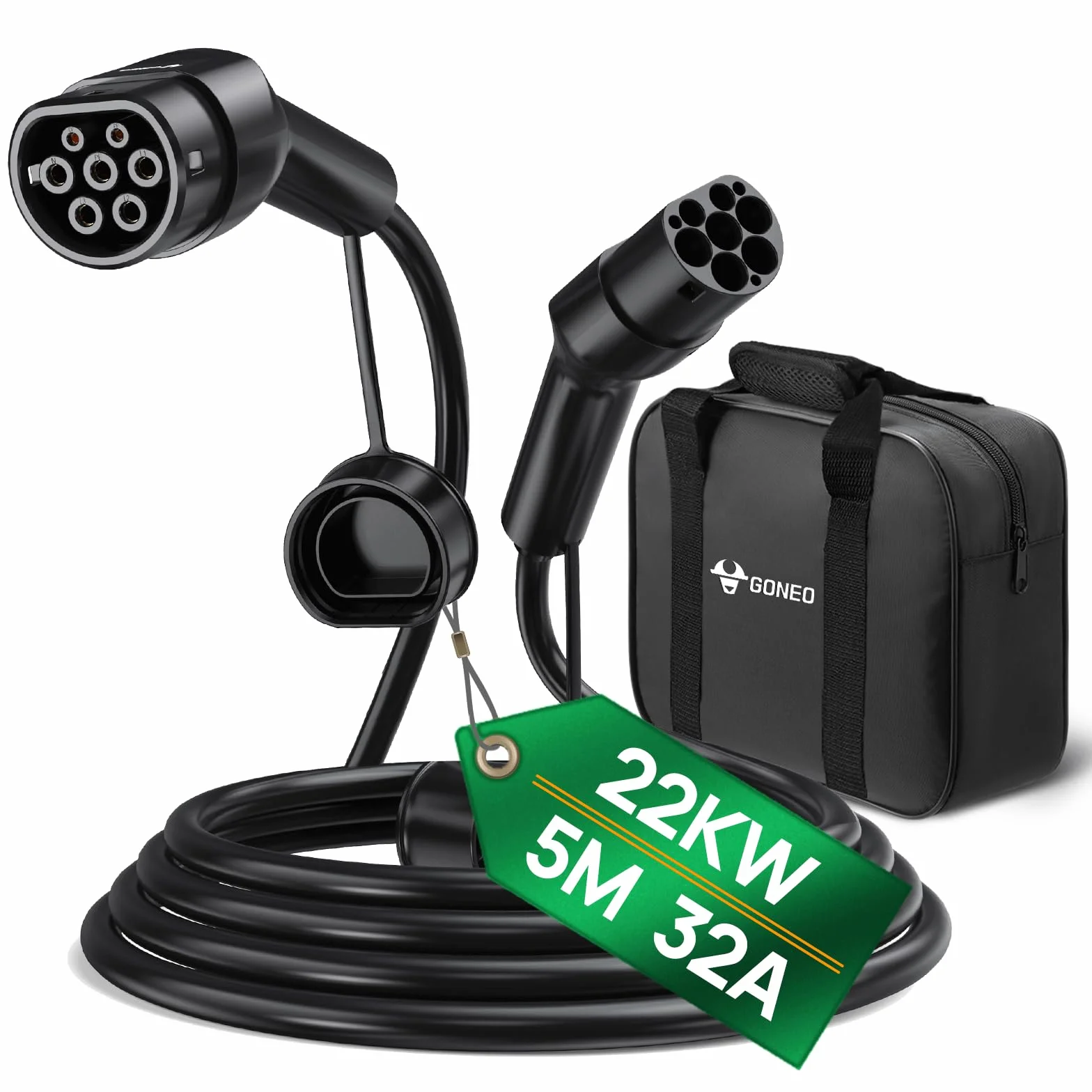 GONEO Type 2 Câble de Charge 22KW 5M 32A Voiture Électrique Triphasé Type 2 à Type 2 EV/PHEV Câble avec Sac de Transport Contacts Plaqués Argent sans Halogène
