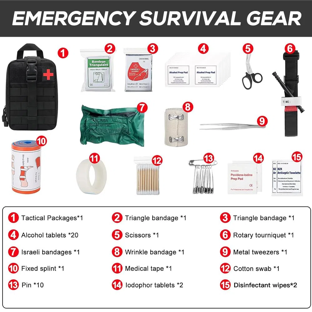 46 Pièces Trousse de Secours Complete, Kit Premier Secours, Trousse de Secours Militaire, Trousse Premier Secours, Medical Survival Compact Kit Box Pour la Maison La Voiture Camping Randonnée