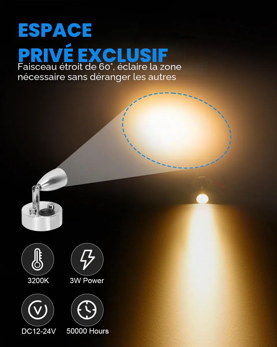 SUPAREE 12V LED Spot Lampe de Lecture Interrupteur Réglable Lumière Chaude pour Camping Car Van Bateau Led Lumière Intérieure (2 PCS) (A-ON/OFF Switch)