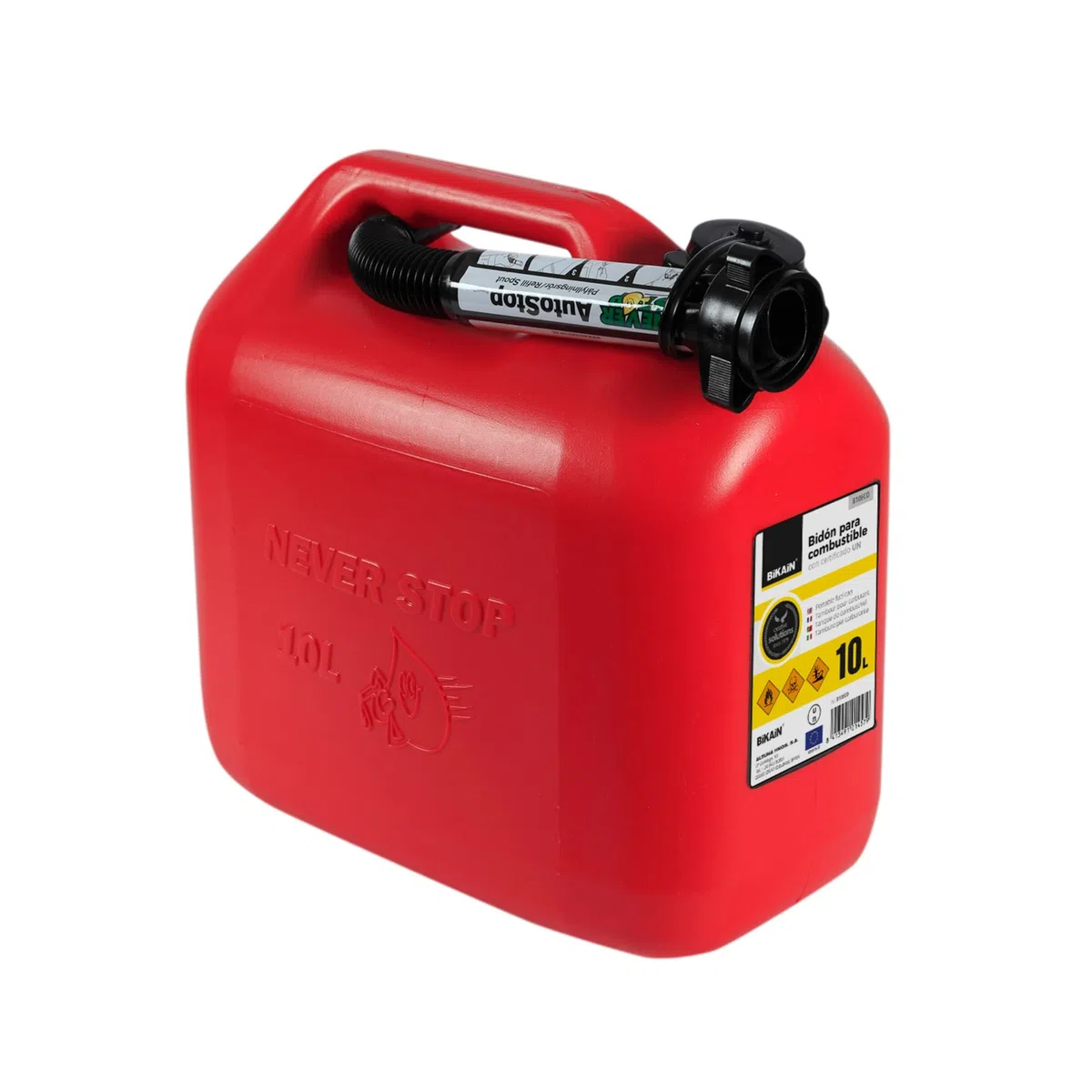 Bikain - Jerrican Essence - 10 Litres - Bidon en Polyéthylène - Norme UN Pour Transport de Matières Dangereuses - Résistant aux Additifs de Carburant - Avec Tuyau - Modèle B10ECO