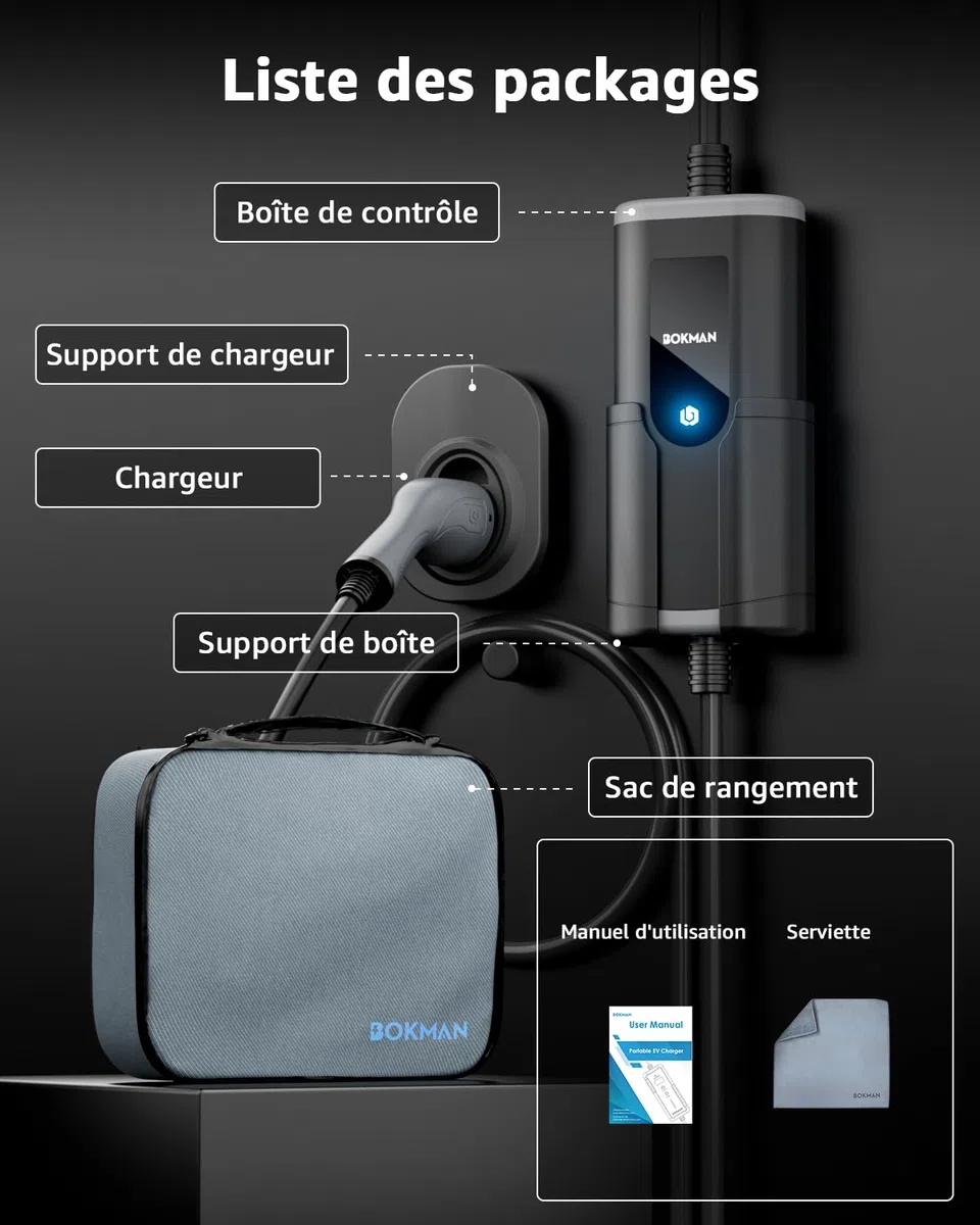 bokman Chargeur Voiture Electrique, (16A, 3.68kW, 5m) Type 2 EVSE Portable Recharge Voiture Electrique Compatible avec Model 3, Model Y, EX30, XC60, Q4, MG4, 208EV et PHEVs