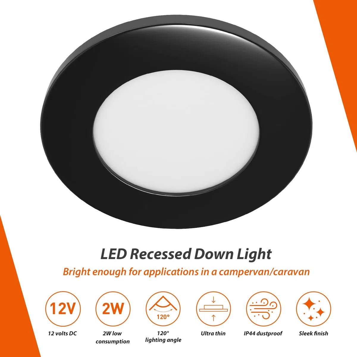 Dream Lighting Spot LED 12v Camping Car Encastrable Noir Extra Plat IP44 70mm 2W Blanc Chaud 3000K Lot de 4