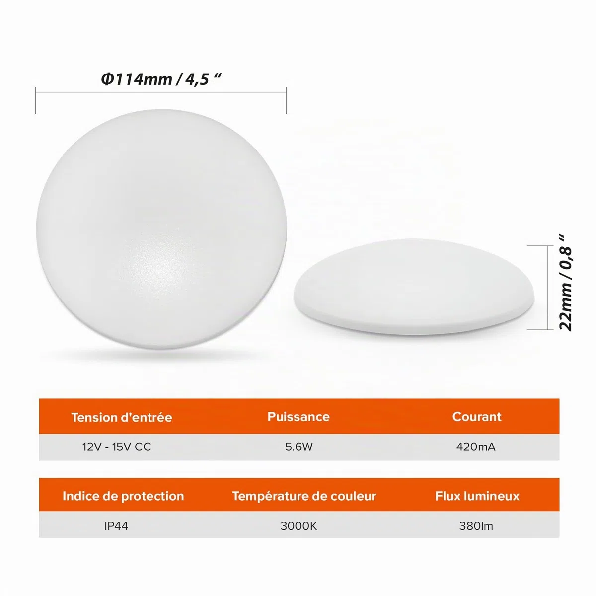 Dream Lighting Éclairage LED pour Caravane Blanc Chaud 3000K Plafonnier 12v Intérieur Camping Car RV 114mm Ronde Set de 2