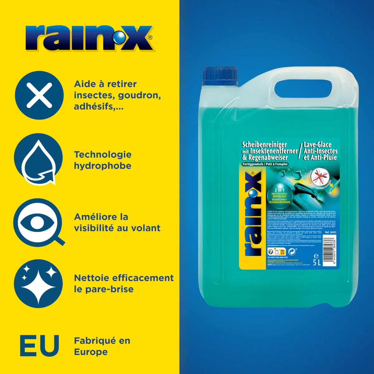 Rain-X Lave-Glace Anti-Insectes et Anti-Pluie – Nettoyage Efficace, Protection Durable et Visibilité Optimale pour Un Conduite en Toute Sécurité – 5L, Vert