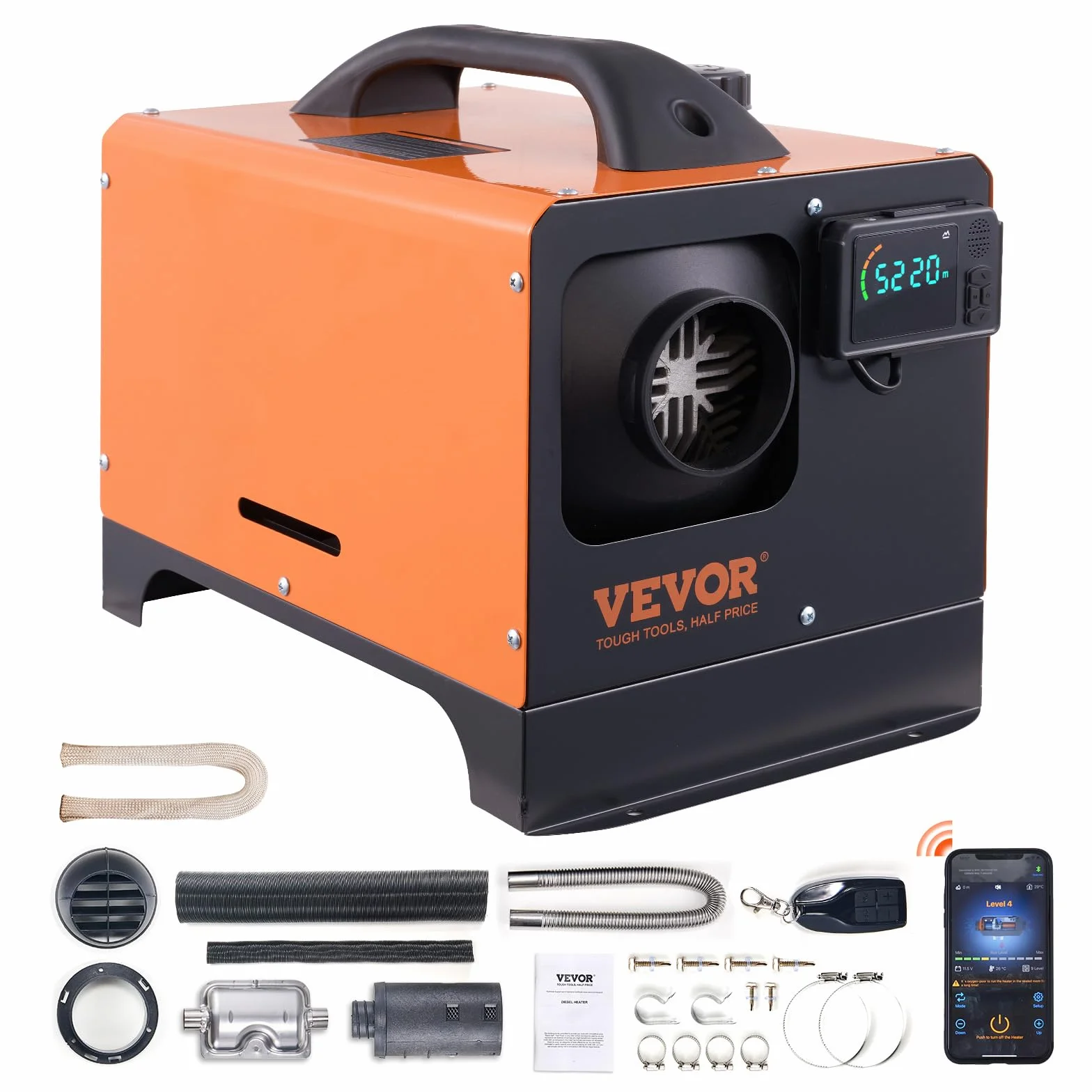 VEVOR Chauffage Diesel Tout-en-Un Portable 12 V 5-8 KW Réchauffeur d'air Diesel 0,16-0,62 L/h 8-36 ℃ Réglable 20-25 m² Contrôle LCD Bluetooth Télécommande Réservoir 5 L pour RV Auto sans Installation
