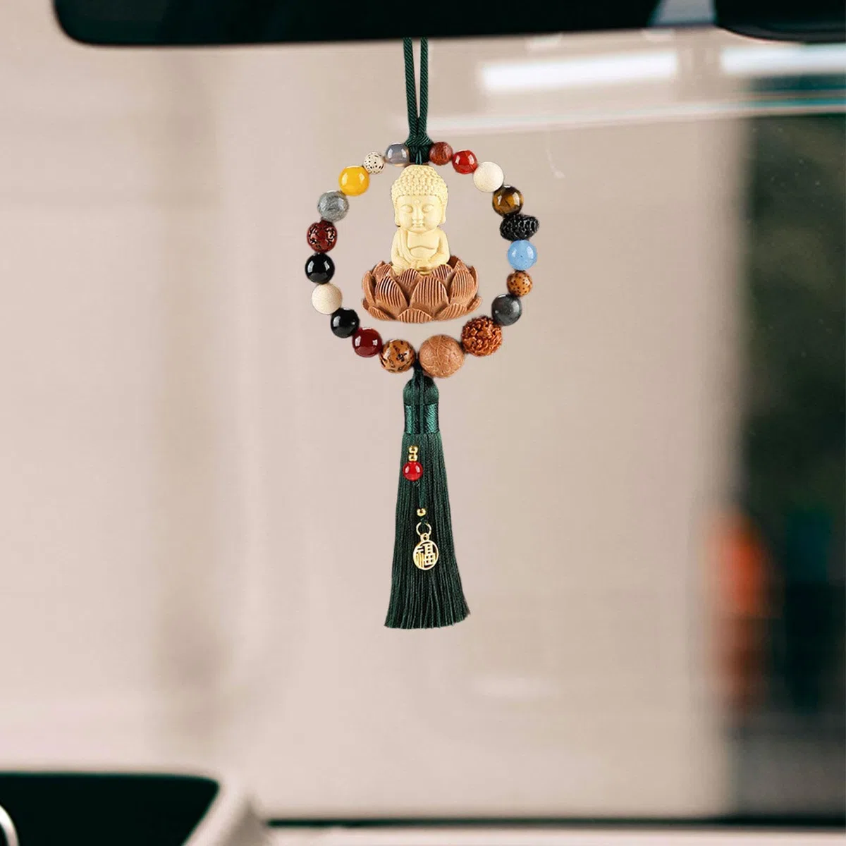 DuskHaven Bouddha Voiture Suspendus Ornement Perle Bouddha Statue Voiture Pendentif Fengshui Bouddha Ornement, Voiture Rétroviseur Suspendus Accessoires, Vert