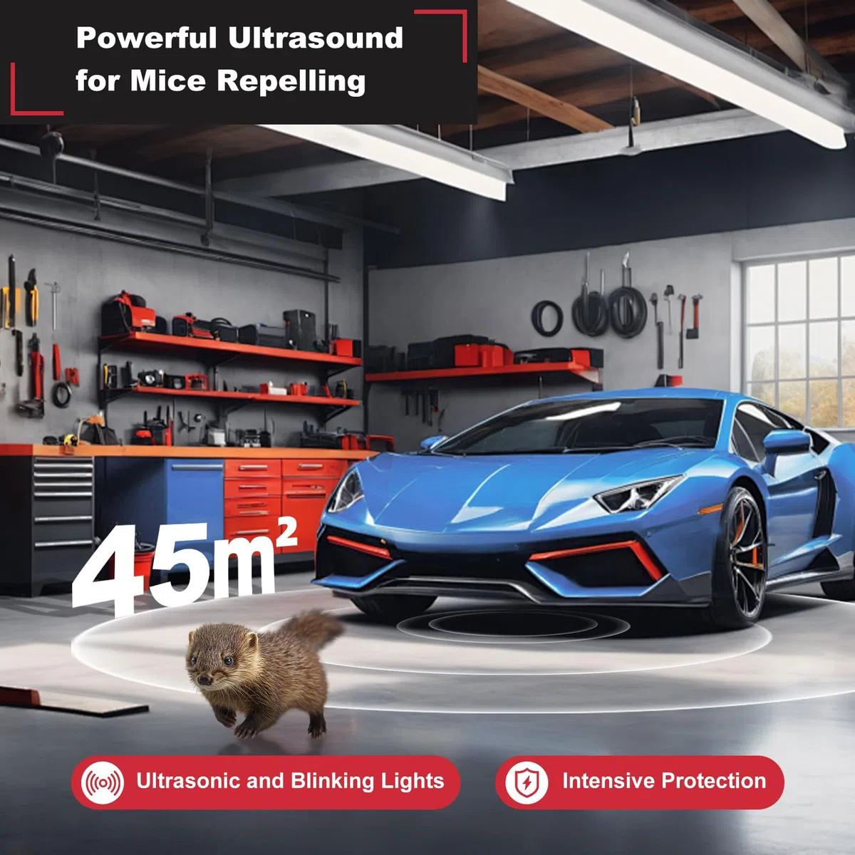Anti Rongeur Voiture, Repulsif Martre pour Voiture, Répulsif Anti Fouines Ultrason, Ultrason Souris et Rats avec Flash LED, Connexion à la Batterie 12V de la Voiture, pour Voiture, Garage, Grenier