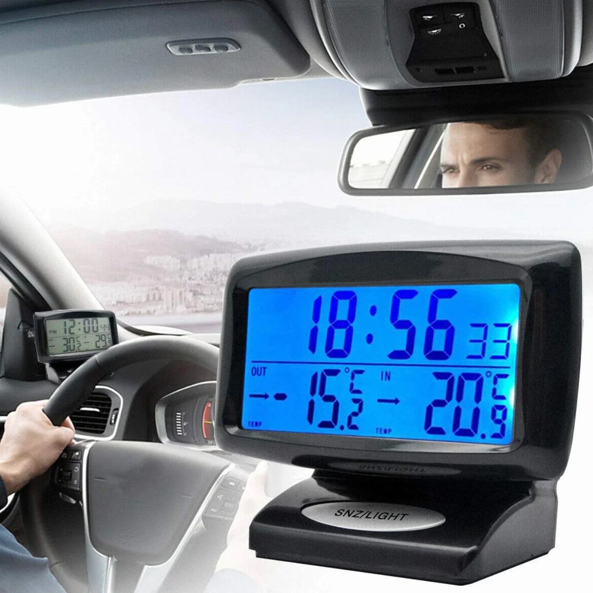 Riloer Thermomètre d'horloge de voiture, Horloge voiture numérique 2 en 1 et Themp avec écran LED pour voiture intérieur extérieur maison