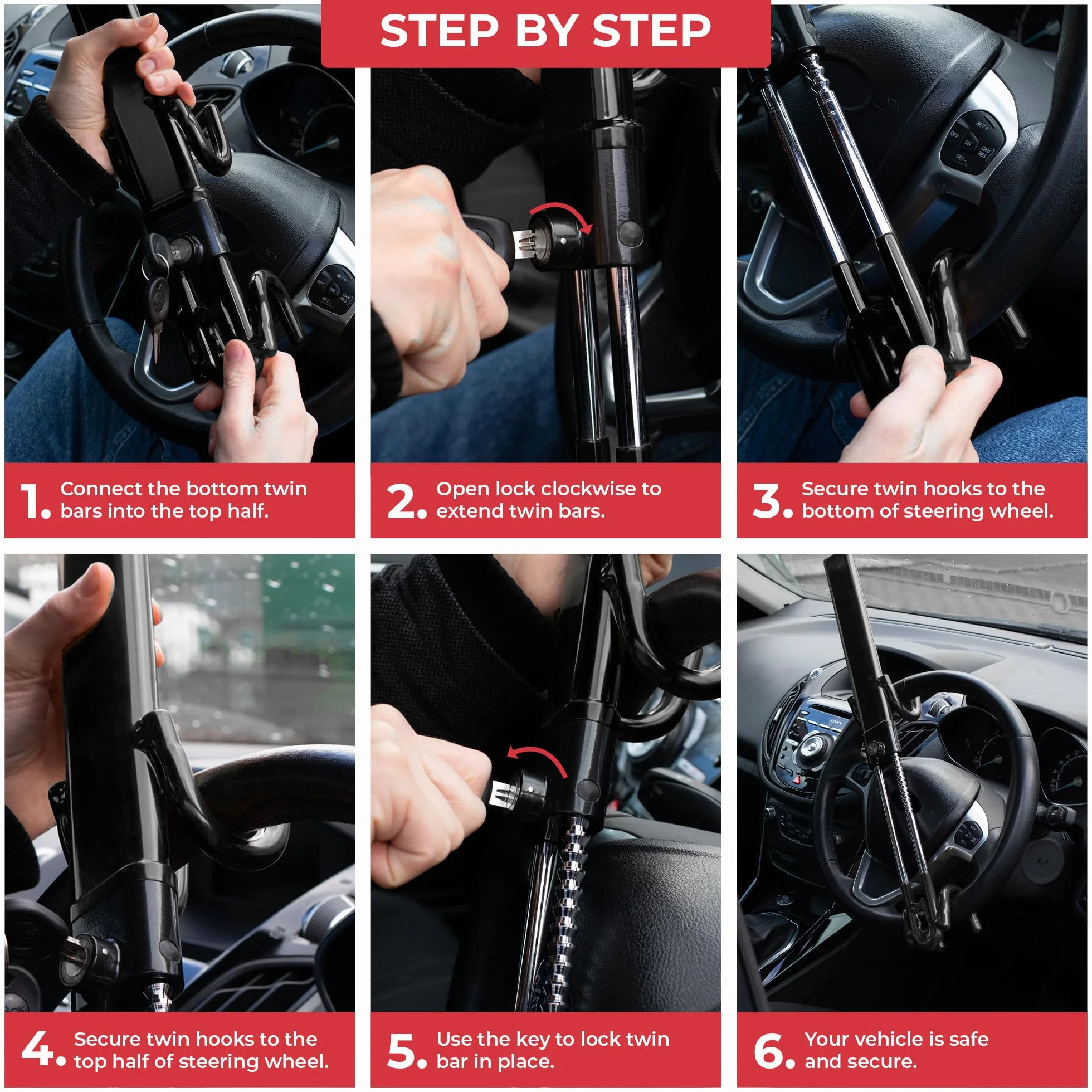 GADLANE Canne Antivol Voiture - Barre Bloque Volant Voiture Volant pour La Caravane, Fourgon, Voiture - Avec 2 Clés - Antivol Volant (Noir)