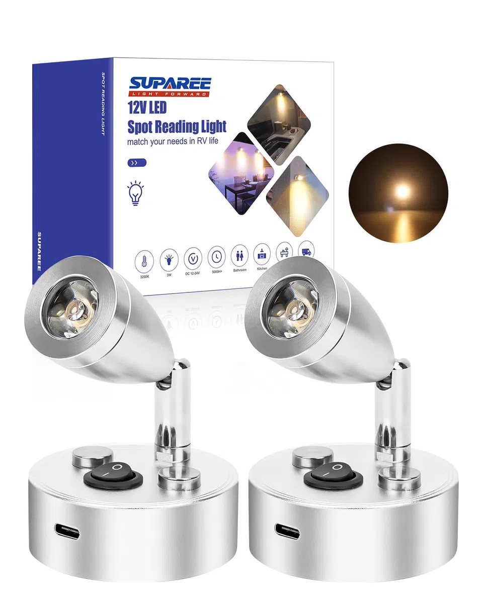 SUPAREE Eclairage LED 12V Caravane Lampe LED 12V Camping Car 12V Spot LED Camping Car avec Interrupteur Prise USB C 3000K 360° Orientable pour RV Van Fourgon Bateau Interieur 2Pcs