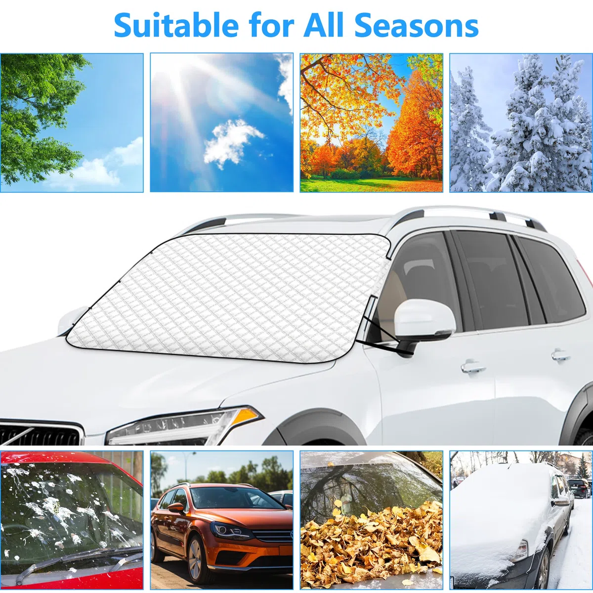 BLAZOR Couverture Pare Brise Voiture, Bâche Pare Brise Protection, Pare-Soleil Anti Givre Neige Anti Glace UV Soleil, Couverture Repliable Universelle pour la Plupart des Voitures et SUV