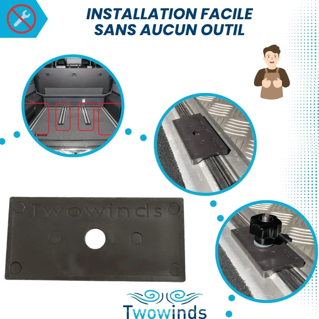 Twowinds - Support Rail Compatible avec VW T5 T6 Multivan Transporter California - Protection Rail - Arrimage Cargaison - Support Coulissant - Fixation Multiflexboard Mobilier Frigo Potty (8 pièces)