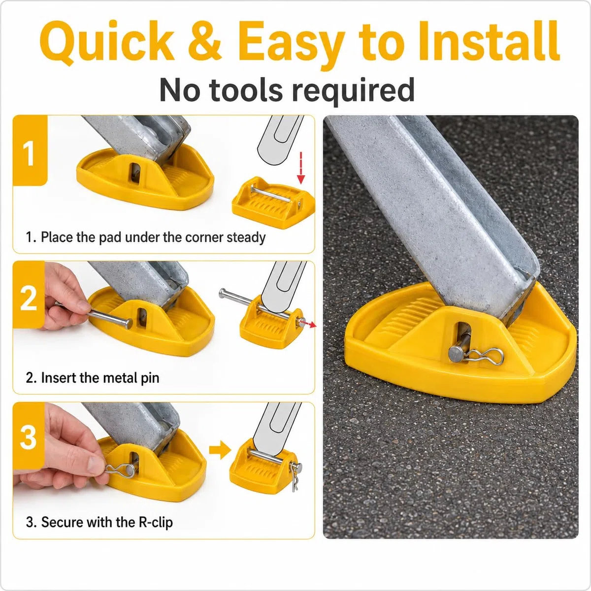 Lot de 4 patins de cric de caravane robustes pour éviter de s'enfoncer dans un sol mou, coussinets de stabilisation robustes et stables pour pieds de caravane avec broches