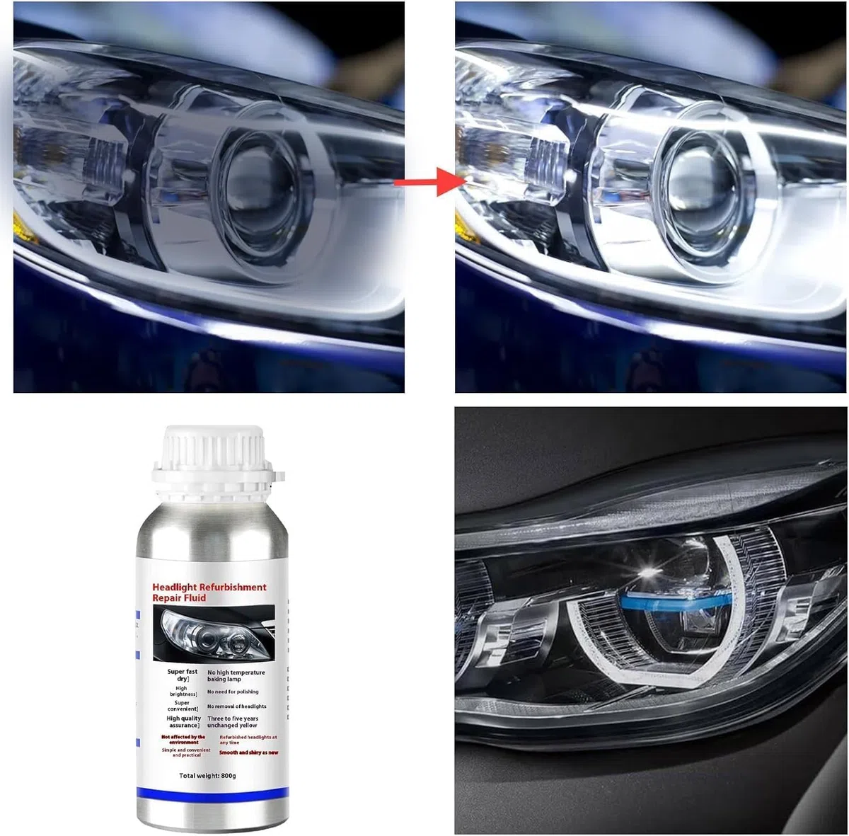 Générique Renovateur Phare Voiture/Moto,Liquide Restaurateur pour Phares Opacifiés Jaunis Ou Rayés,Nettoyant Réparateur Automobile (200ML)
