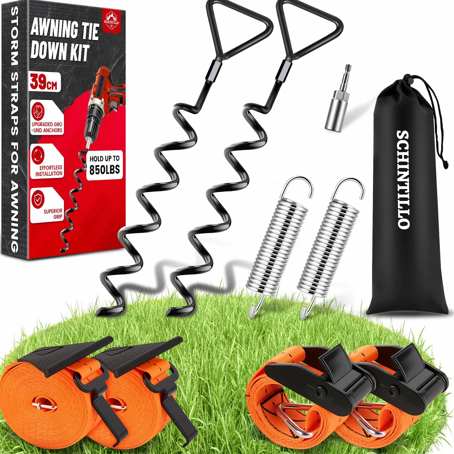 Kit D'arrimage pour Auvents Sangles Anti-tempête pour Auvents de Camping-Cars et Caravanes, Protection Anti-tempête pour Auvents avec Ancrages au Sol Spiralés de 39cm