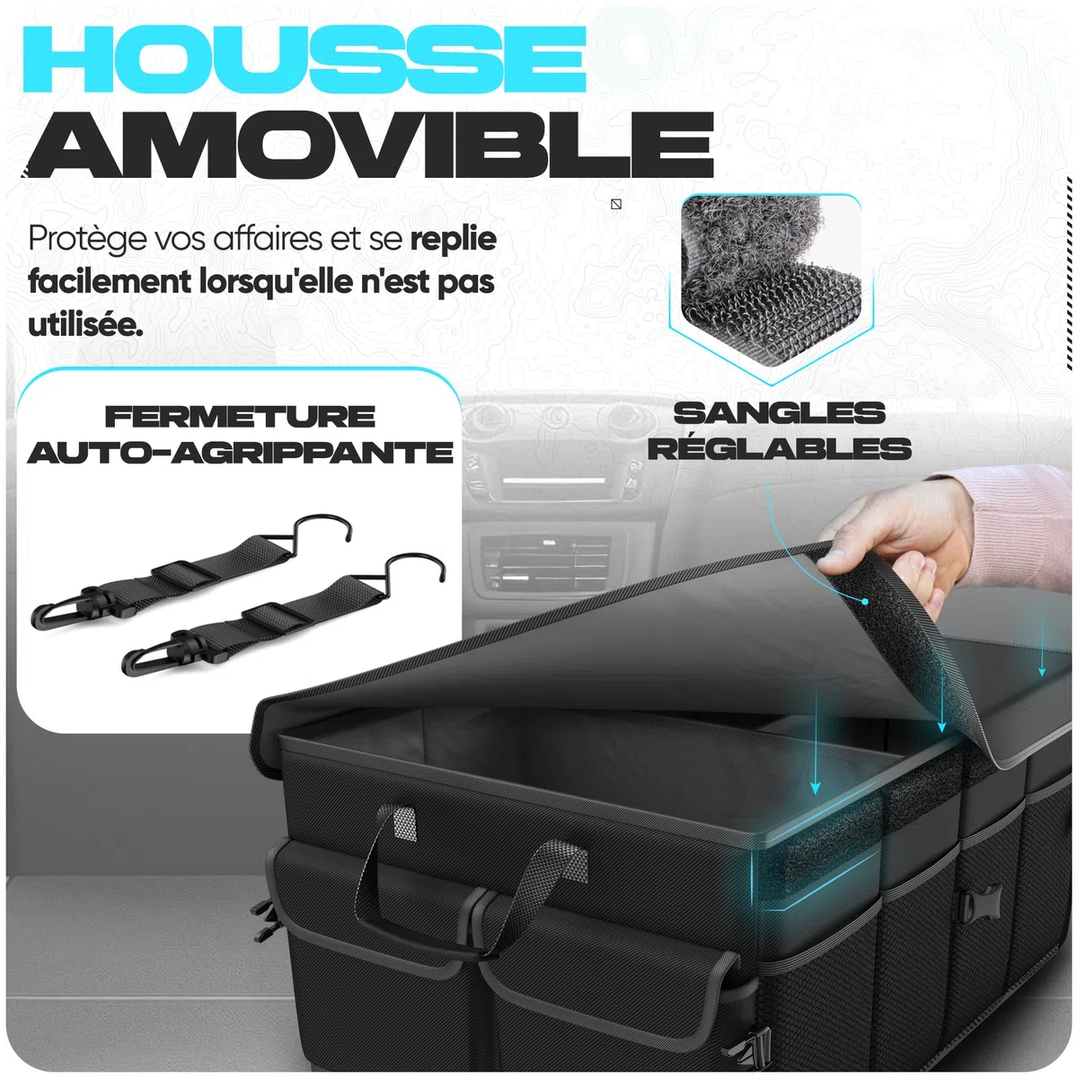 FORTEM Organiseur de coffre de voiture, pliable, plusieurs compartiments, rangement pliable pour accessoires de voiture, fond antidérapant, sangles de sécurité, couvercle souple, 50 L (Noir, Standard)