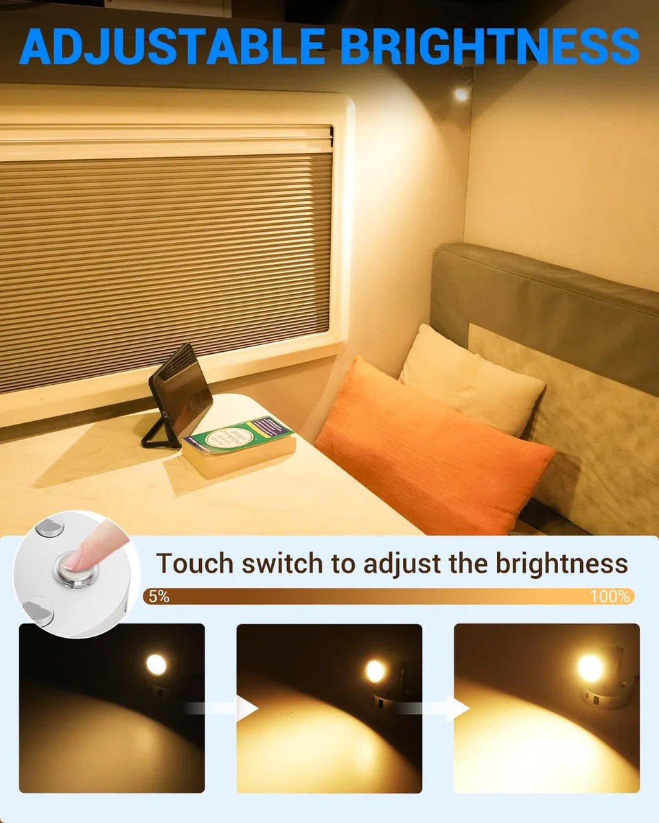 SUPAREE Lampe 12V LED Caravane 12V Lampe LED Camping-car USB 12v led Éclairage Camping Car 3000K Dimmable avec Prise USB C Interrupteur Tactile pour RV Camion Bateau Van Fourgon 1PC