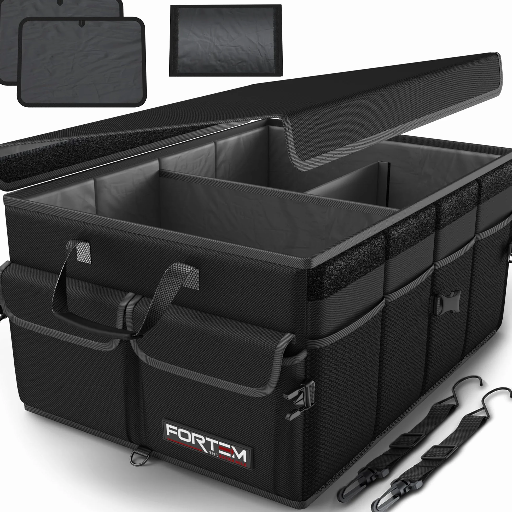 FORTEM Organiseur de coffre de voiture, pliable, plusieurs compartiments, rangement pliable pour accessoires de voiture, fond antidérapant, sangles de sécurité, couvercle souple, 50 L (Noir, Standard)