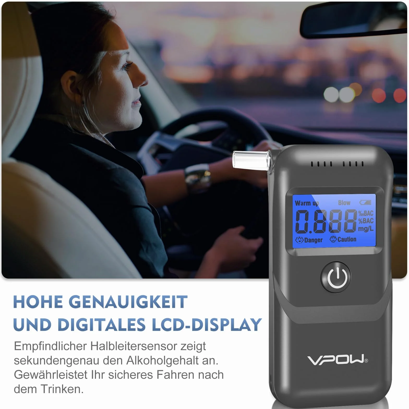 VPOW Ethylotest, Éthylotest Electronique avec Affichage Numérique LCD Bleu, Précision de Qualité, Alcootest Électronique Personnel pour Usage Domestique et Professionnel - Gris