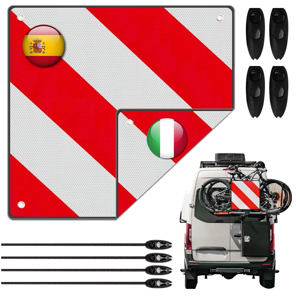 50x50cm Panneau Avertissement Porte-Vélos, 2 en 1 Panneau davertissement Aluminium Italie Espagne avec 4 Cordes Tension, pour Porte-vélos, Remorque Arrière, Voiture, Camping-car
