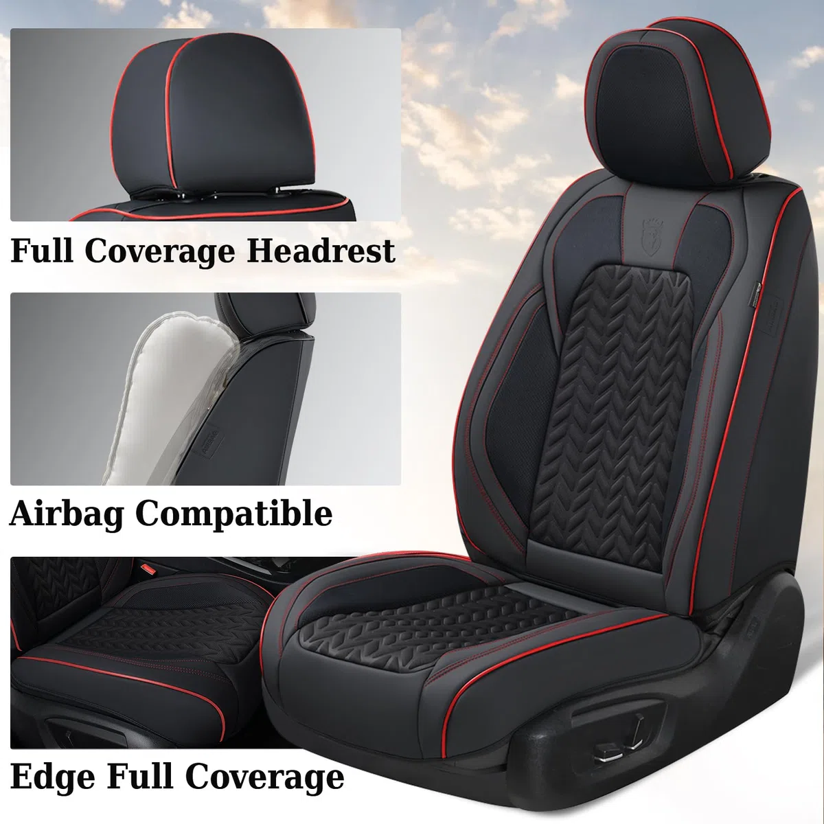 Coverado Housse de siège Voiture Cuir, Respirant Protection Siege Voiture Universelle pour 5 Places avec Soutien Lombaire, Ensembles de Housses de siège imperméable pour berline SUV Pick-up