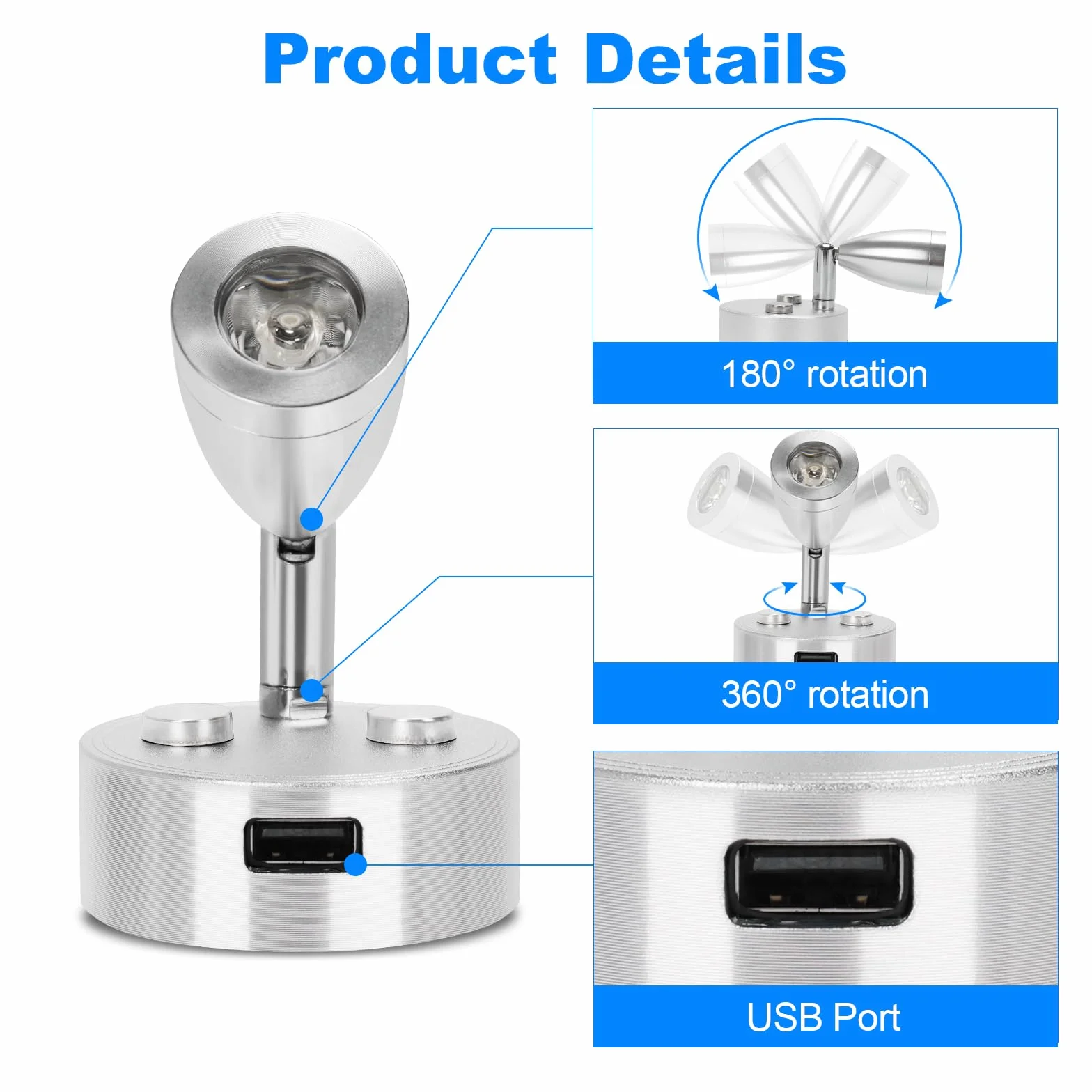 SUPAREE Lampe 12V LED Caravane 12V Éclairage LED USB Lampe de Lecture Camping Car 3200K Dimmable avec Prise USB Interrupteur Tactile pour RV Camion Bateau Van Fourgon 2Pcs