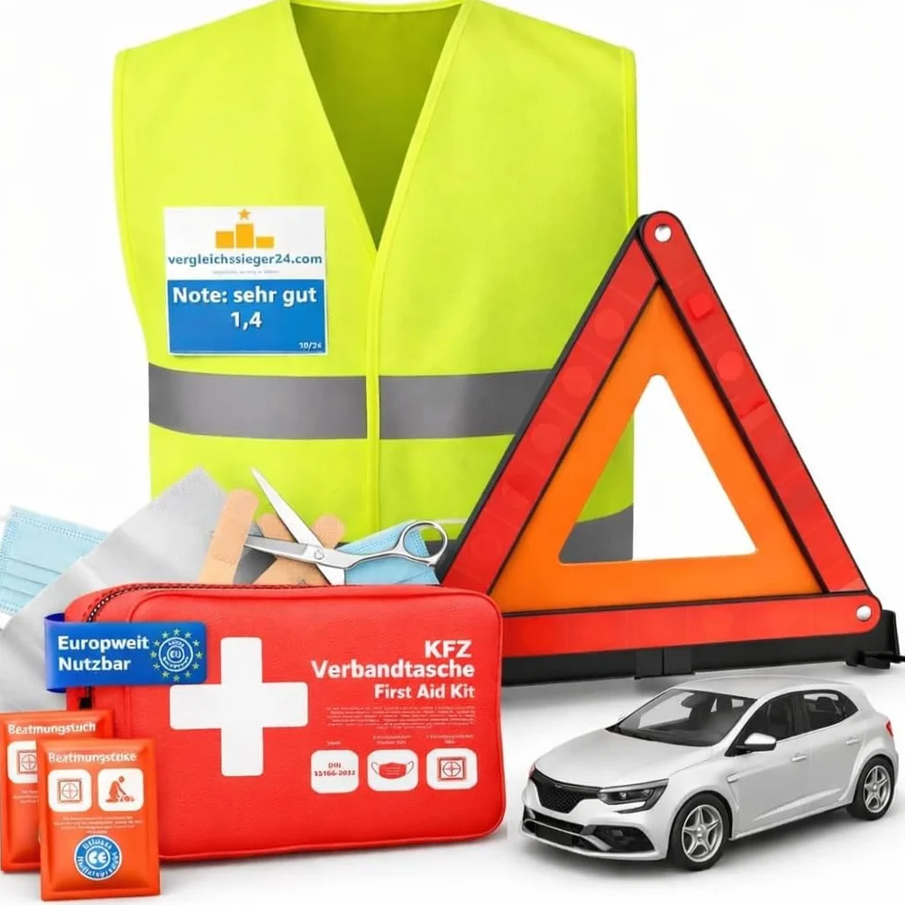 3 en 1 - Trousse de premiers secours & gilet de sécurité & triangle de signalisation - Certifié & norme actuelle - Ensemble d'accessoires pour voiture 2026 - Kit de premiers secours pour