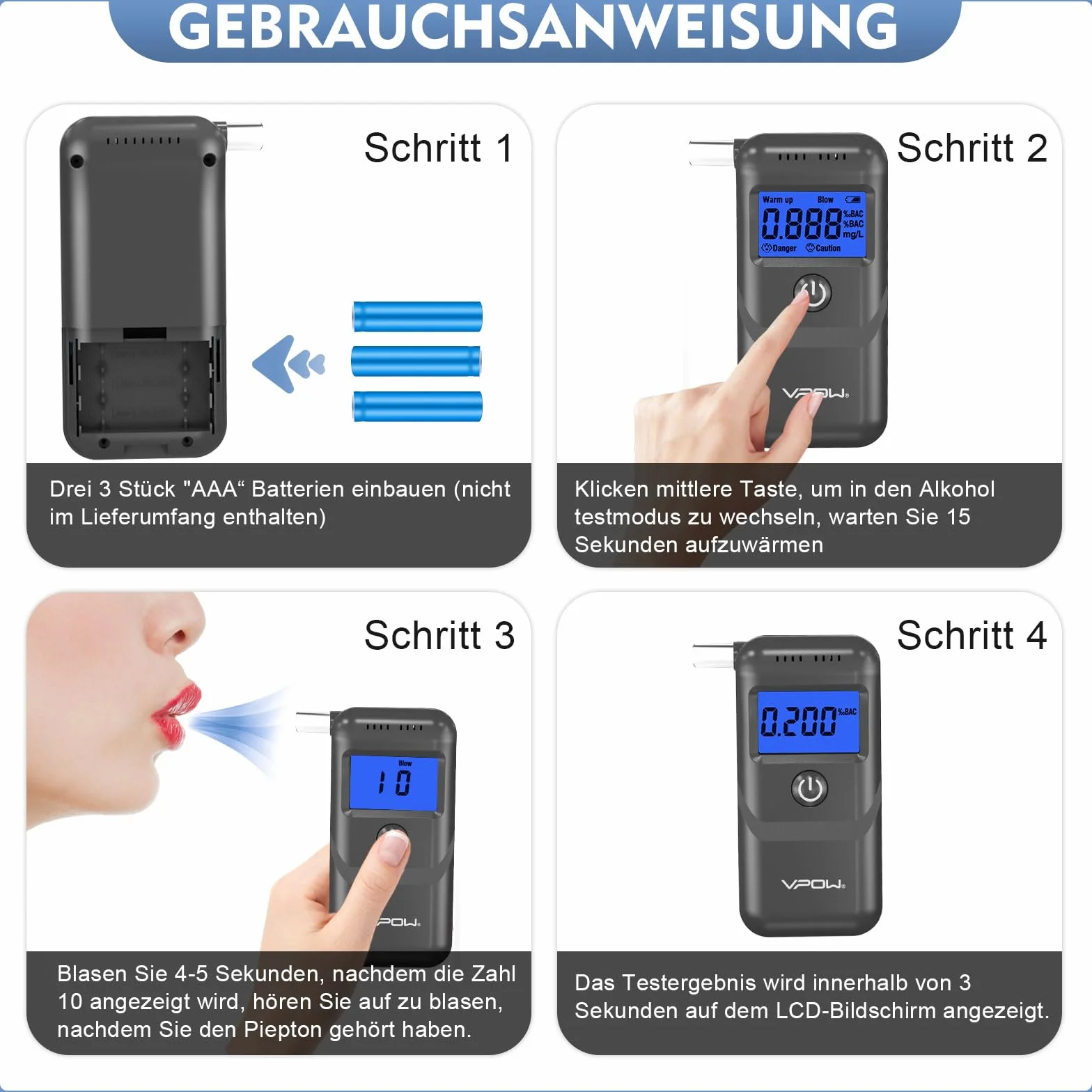 VPOW Ethylotest, Éthylotest Electronique avec Affichage Numérique LCD Bleu, Précision de Qualité, Alcootest Électronique Personnel pour Usage Domestique et Professionnel - Gris