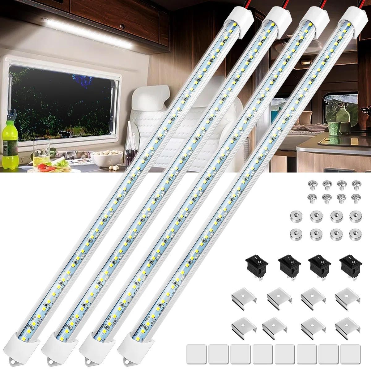 Linkstyle Barre de Lumière Intérieure à LED 12V, 48 LED 700LM 6500K Barre de Bande Lampe avec Interrupteur, pour Voiture Camion Camping-Car Bateau, 4PCS