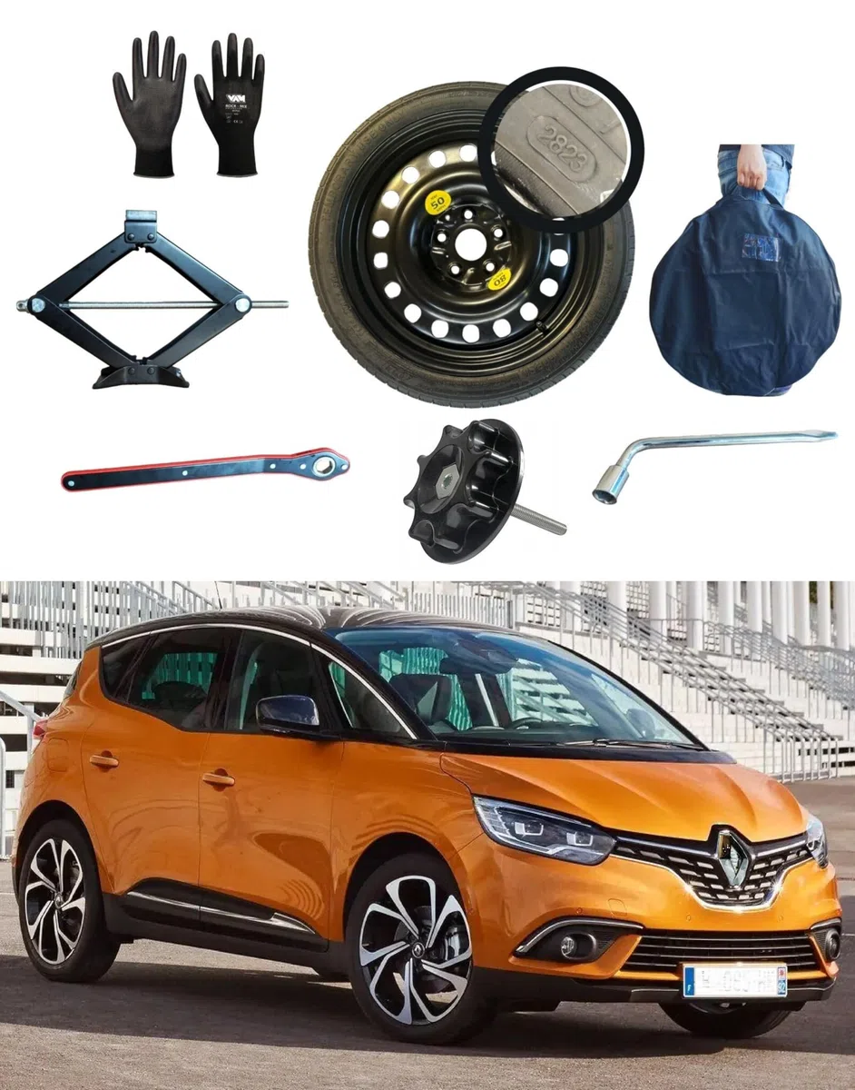 Kit Roue de Secours 17'' compatible avec Renault Scenic IV avec Cric, Clé, Vis, Gants et Sac 125/80R17