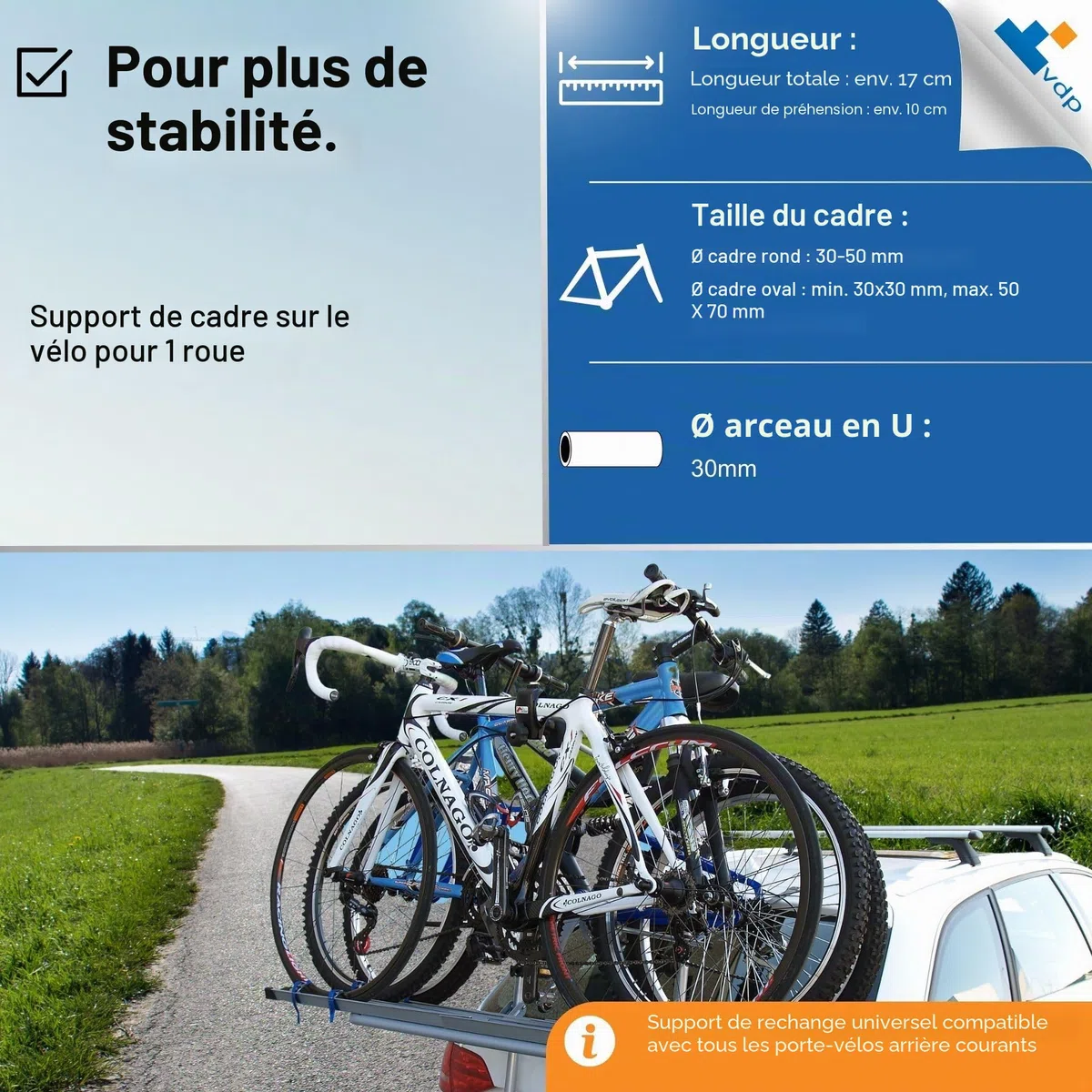MENABO Support de Cadre Universel pour Porte-vélos - Court 17 cm - Support de Rechange pour Porte-vélo - Support de Cadre de vélo pour diamètre de Cadre de 3 à 7 cm - pour Tube en U de 3 cm de