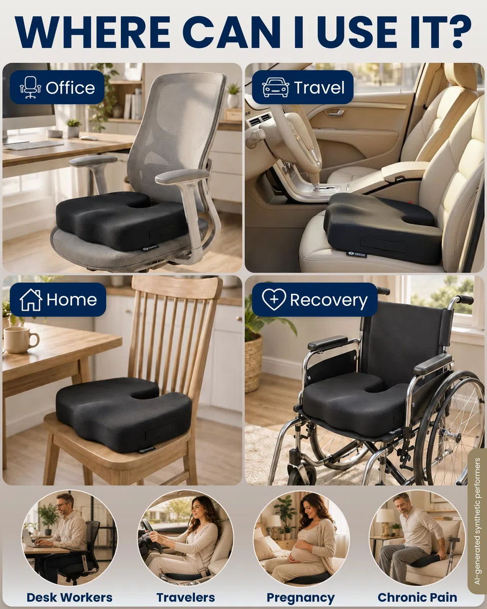 5 Stars United Mémoire de Forme pour Siège, Ergonomique Coccyx, Soulagement Sciatique & Lombaires, Anti-Dérapant, Portable, Housse Lavable – Arctic Noir