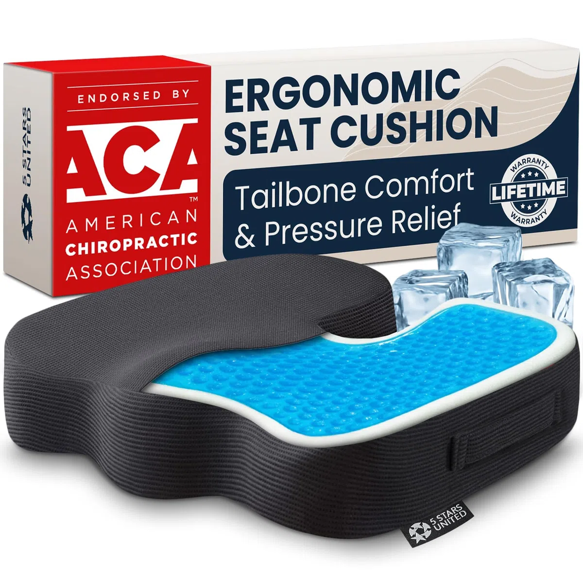 5 Stars United Mémoire de Forme pour Siège, Ergonomique Coccyx, Soulagement Sciatique & Lombaires, Anti-Dérapant, Portable, Housse Lavable – Arctic Noir