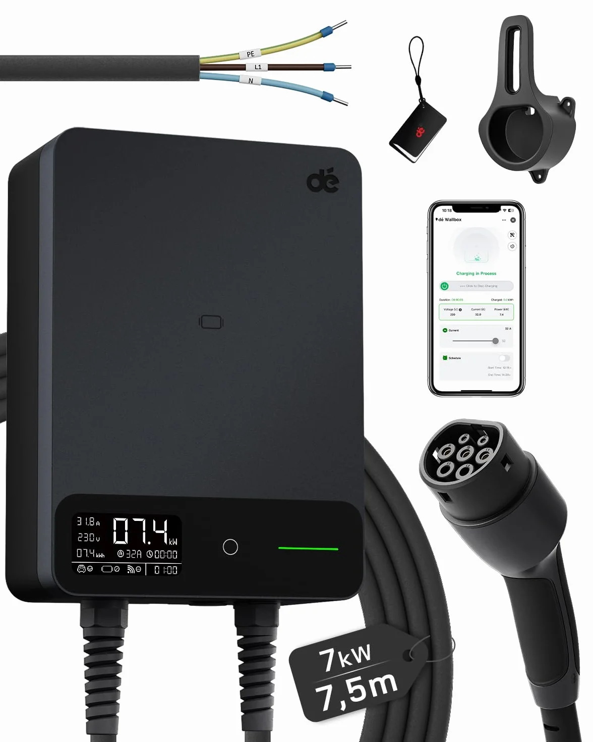 dé Borne de Recharge Véhicules Électrique 7kW avec APP, Câble Type 2 7,5m, RFID, Borne de Recharge 6-32A 230V, Wallbox 7kW avec RCD Type A 30mA AC + 6mA DC, IP54, pour E-208 & Autres BEV/PHEV, Noir