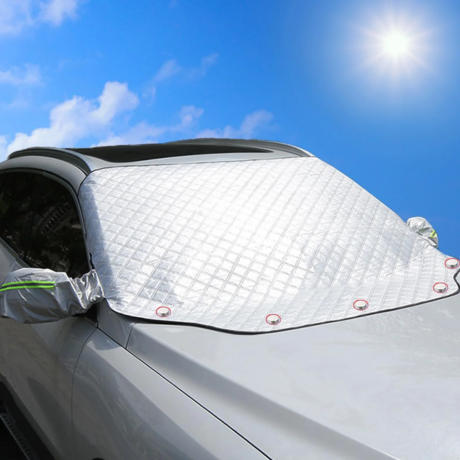Pare Soleil Voiture Pare Brise Avant, Couverture Pare Brise Voiture Contre Les Rayons UV et la Chaleur, Magnétique,Universelle pour Plupart des Véhicules 199x127cm,Argenté