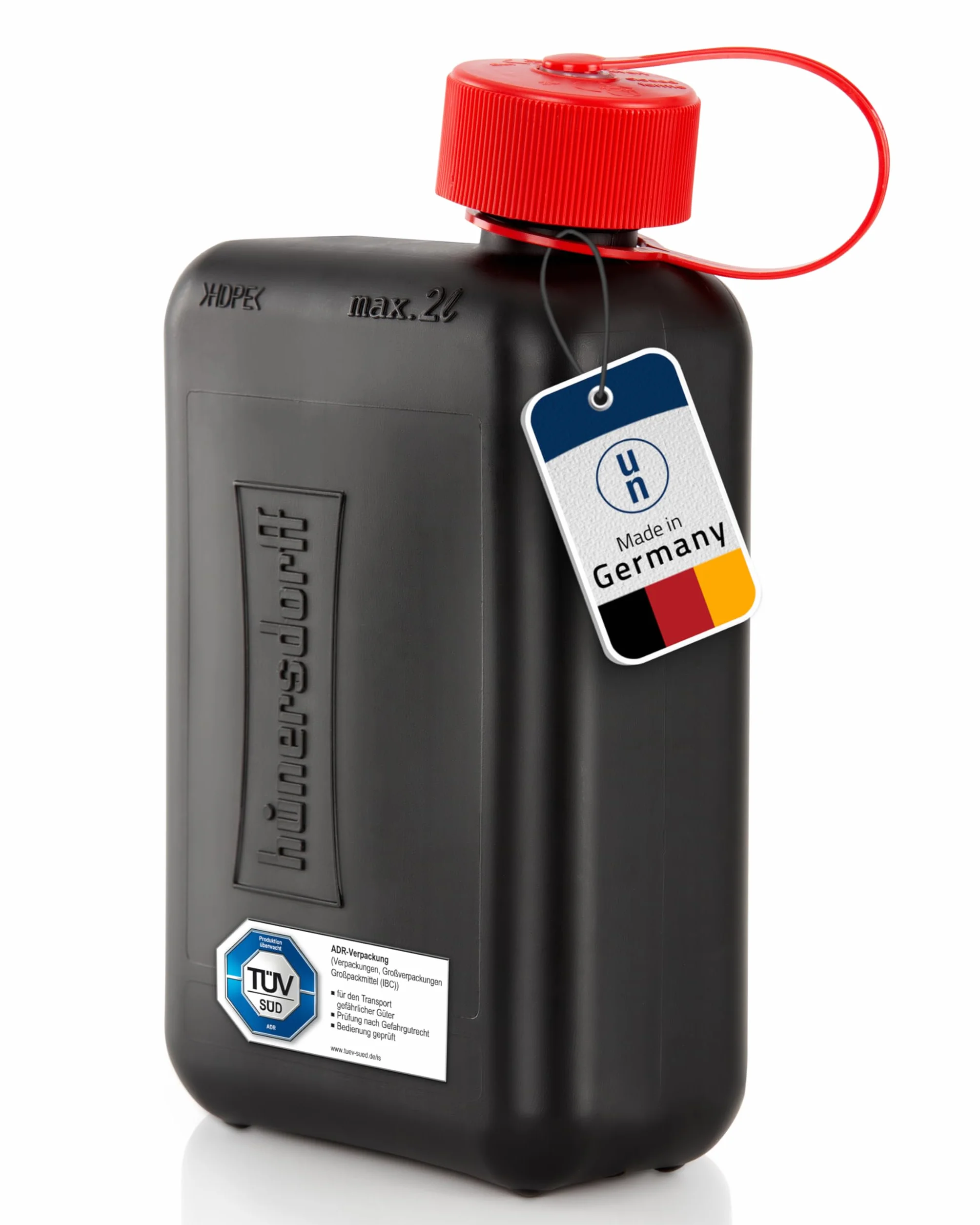 hünersdorff Bidon de carburant standard de 2 l pour petites voitures et véhicules hybrides, HD-PE, fabriqué en Allemagne, production certifiée TÜV, noir