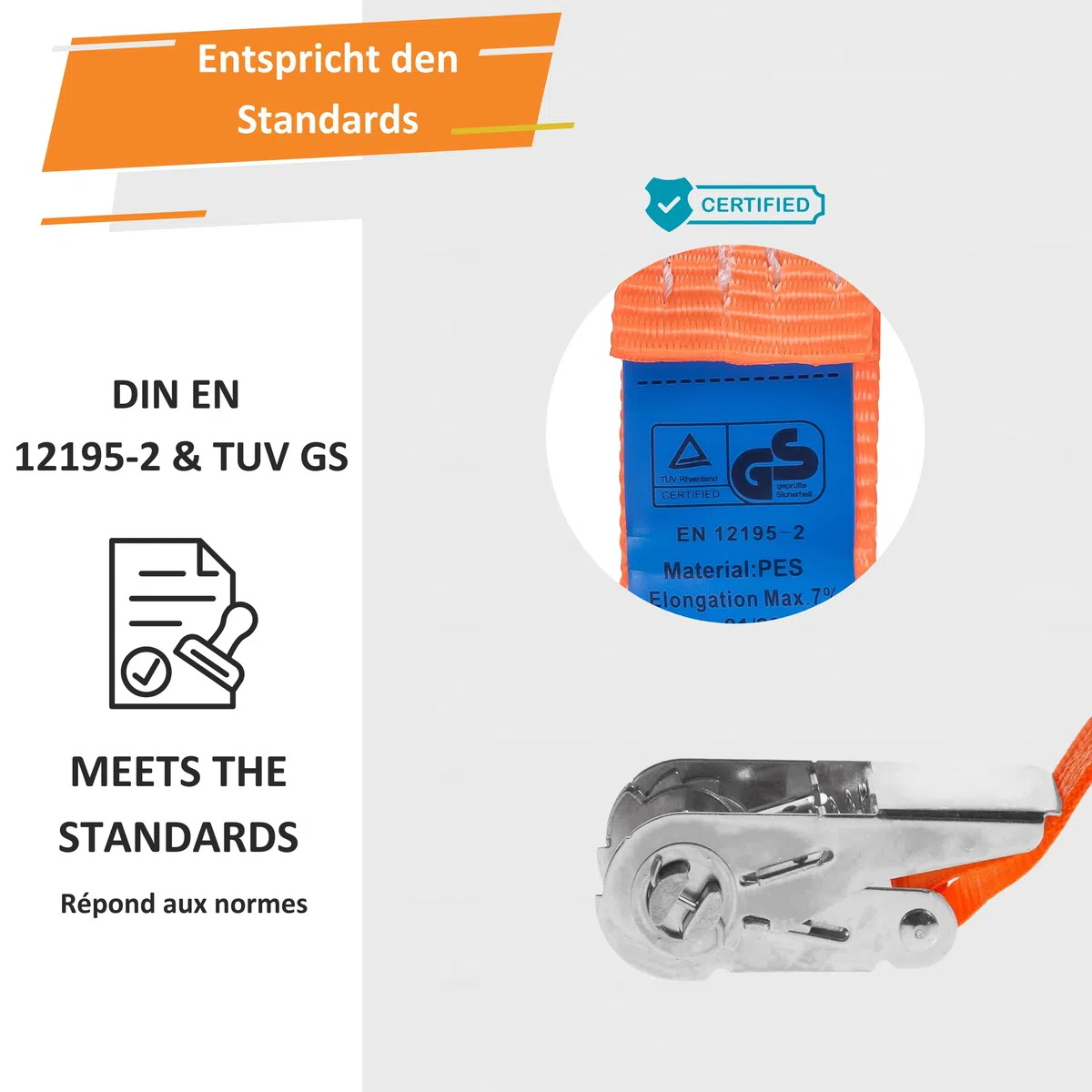 INTAKO Lot de 4 Sangles à Cliquet (4m ou 6m) - 25mm 800kg - Sangles d’Arrimage Moto, Remorque, Quad, Bagages - Certifiées TÜV GS, DIN en 12195-2 (Orange, 4m (Lot de 4))
