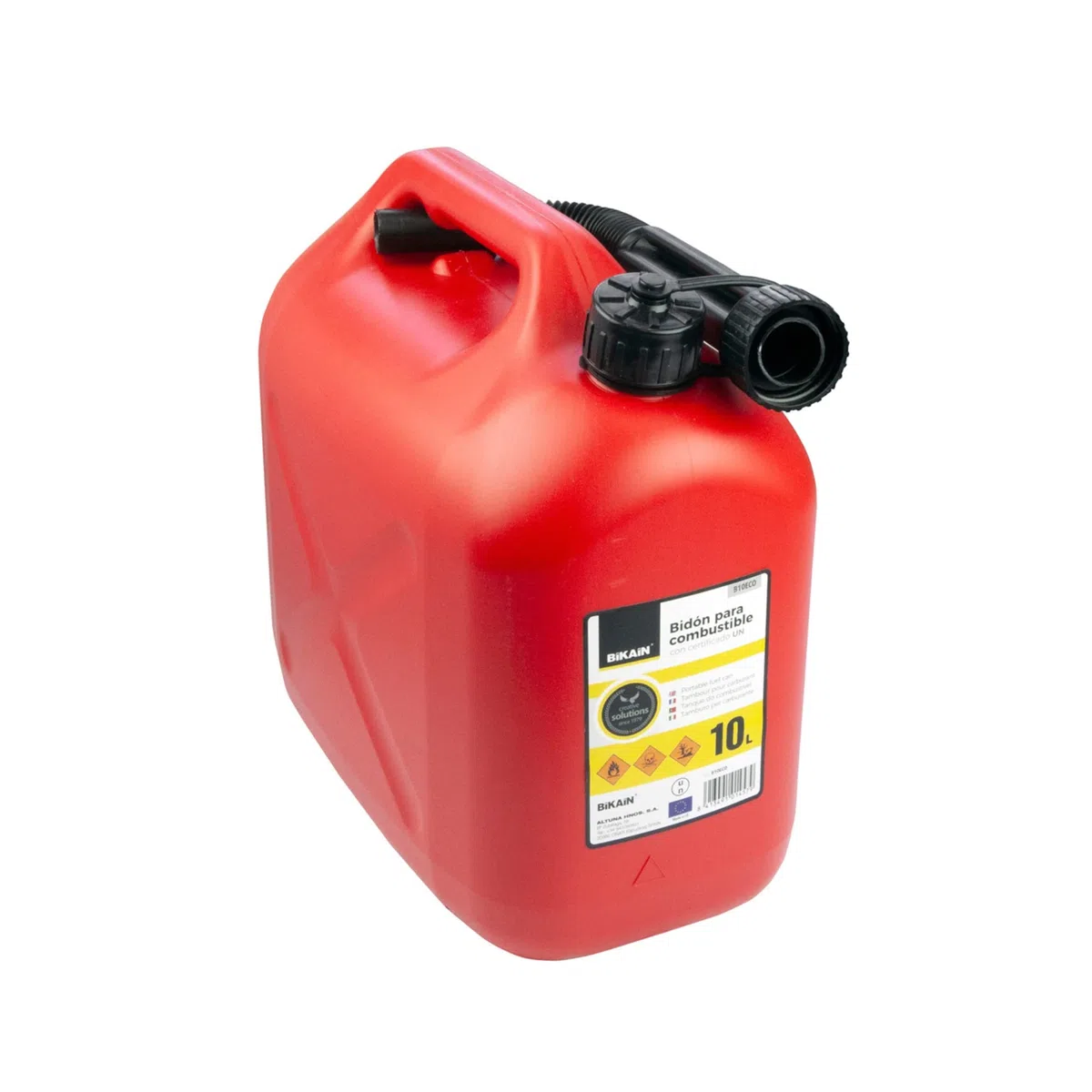 Bikain - Jerrican Essence - 10 Litres - Bidon en Polyéthylène - Norme UN Pour Transport de Matières Dangereuses - Résistant aux Additifs de Carburant - Avec Tuyau - Modèle B10ECO